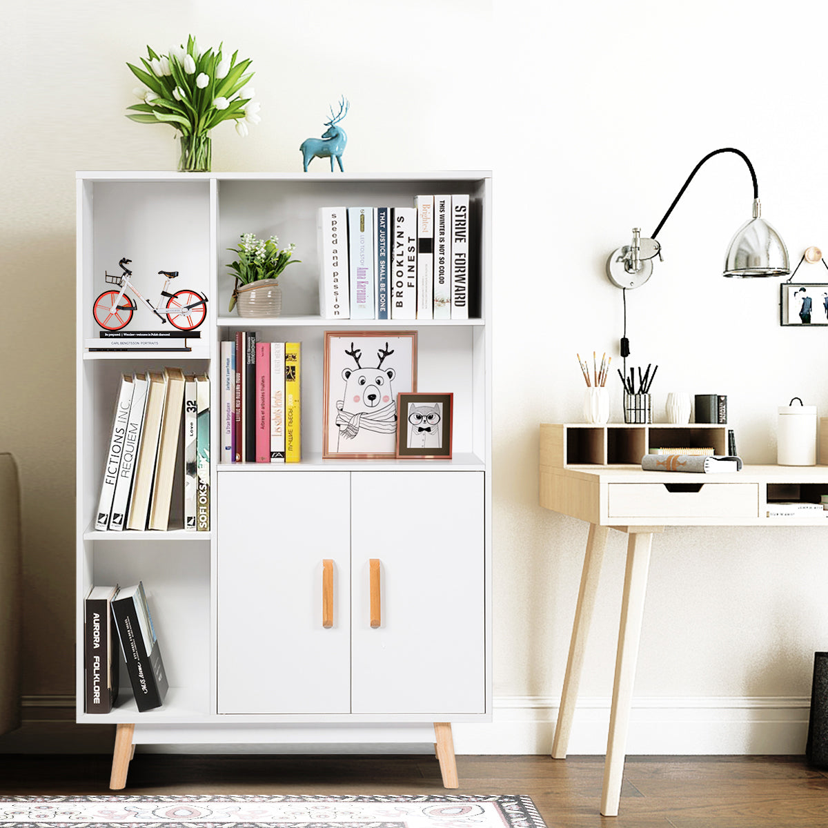 Free Standing Pantry Cabinet with 2 Door Cabinet and 5 Shelves