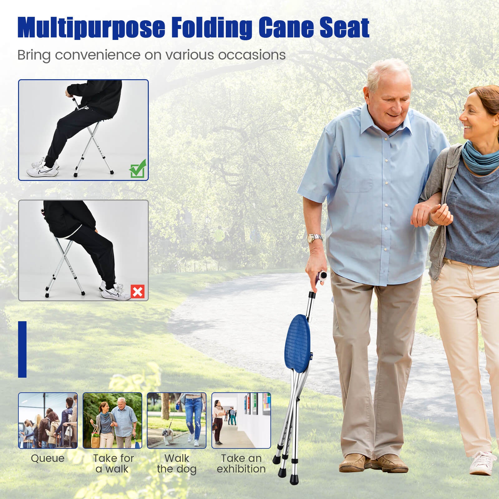 Lightweight Adjustable Folding Cane Seat with Light-Blue