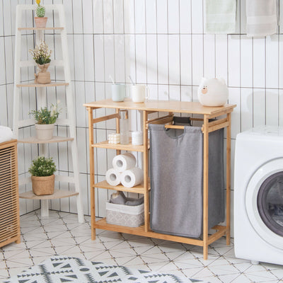 Bamboo Laundry Hamper Stand with Removable Sliding Bag and 3-Tier Open Shelves 