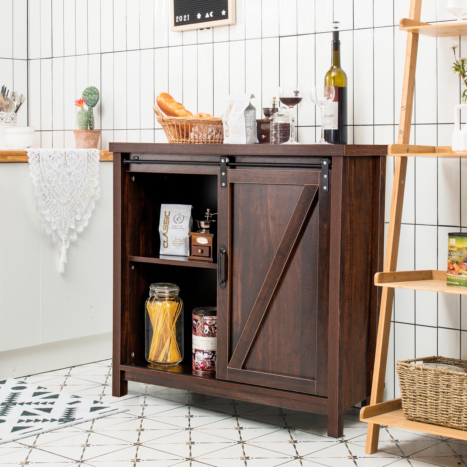 Freestanding Kitchen Buffet Storage Cabinet with Sliding Barn Door-Rustic Brown 