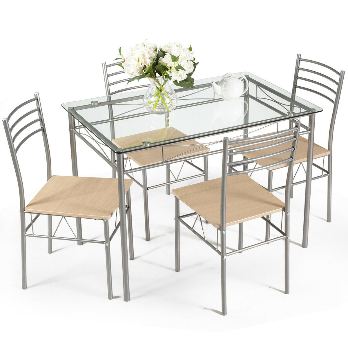 5 Pieces Dining Set Glass Table and 4 ChairsÂ 