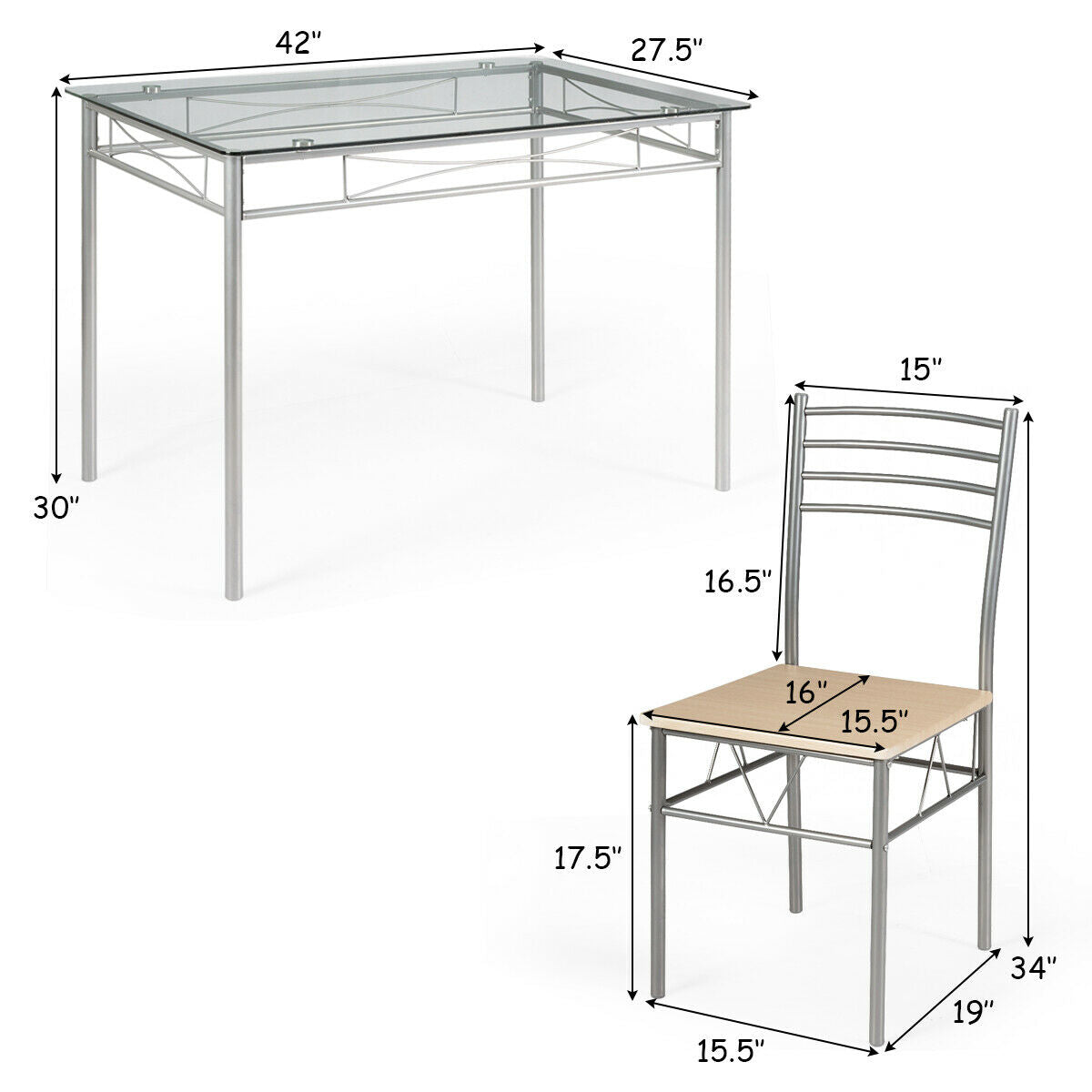 5 Pieces Dining Set Glass Table and 4 ChairsÂ 