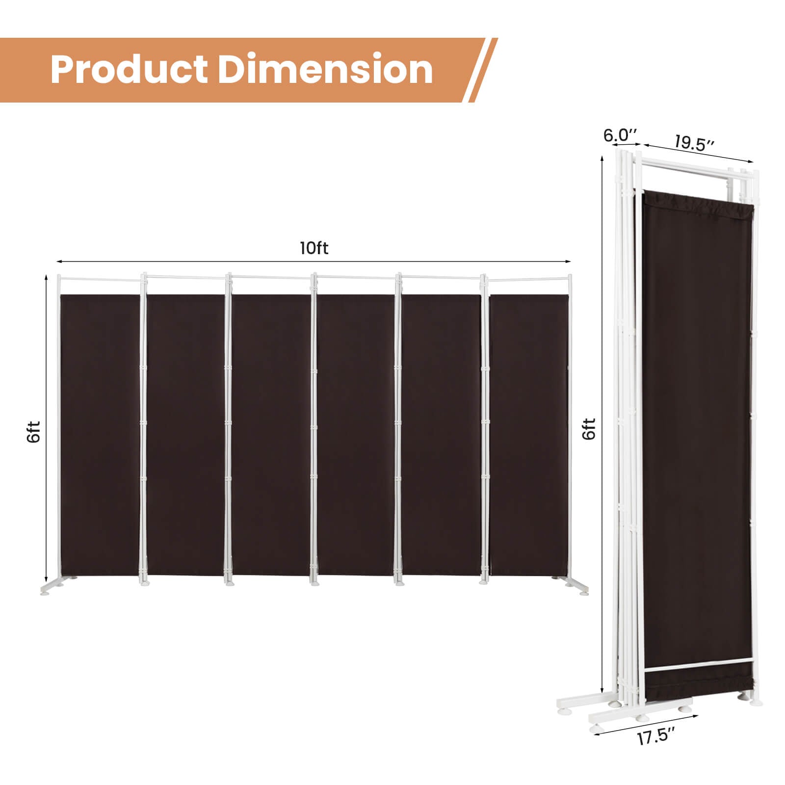 6-Panel Room Divider Folding Privacy Screen-Brown