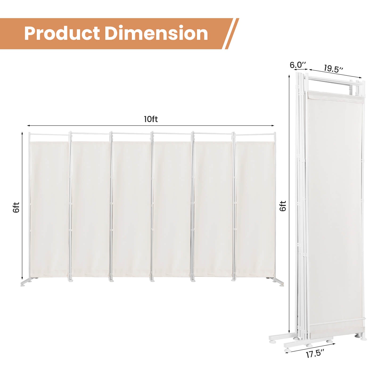 6-Panel Room Divider Folding Privacy Screen-White