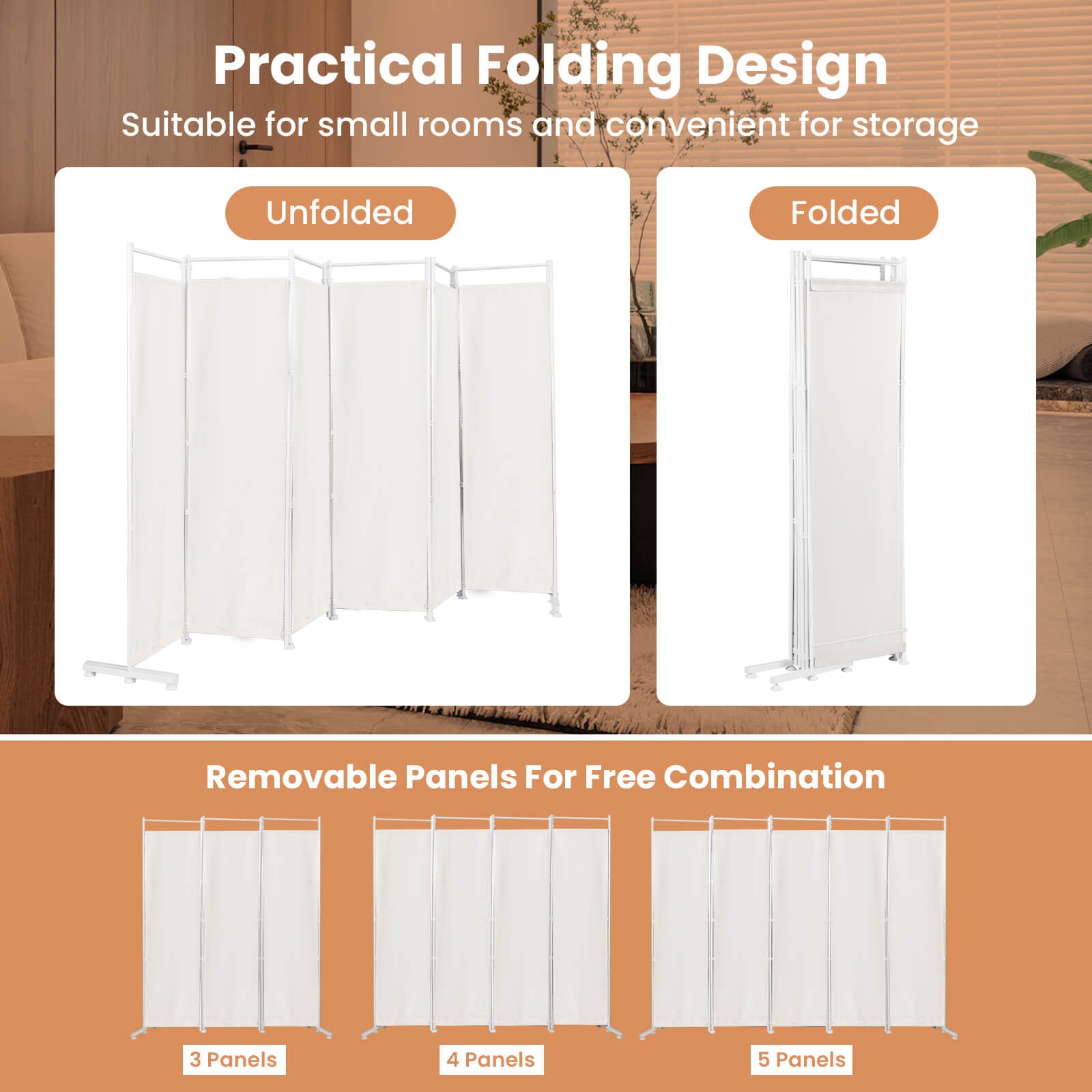 6-Panel Room Divider Folding Privacy Screen-White