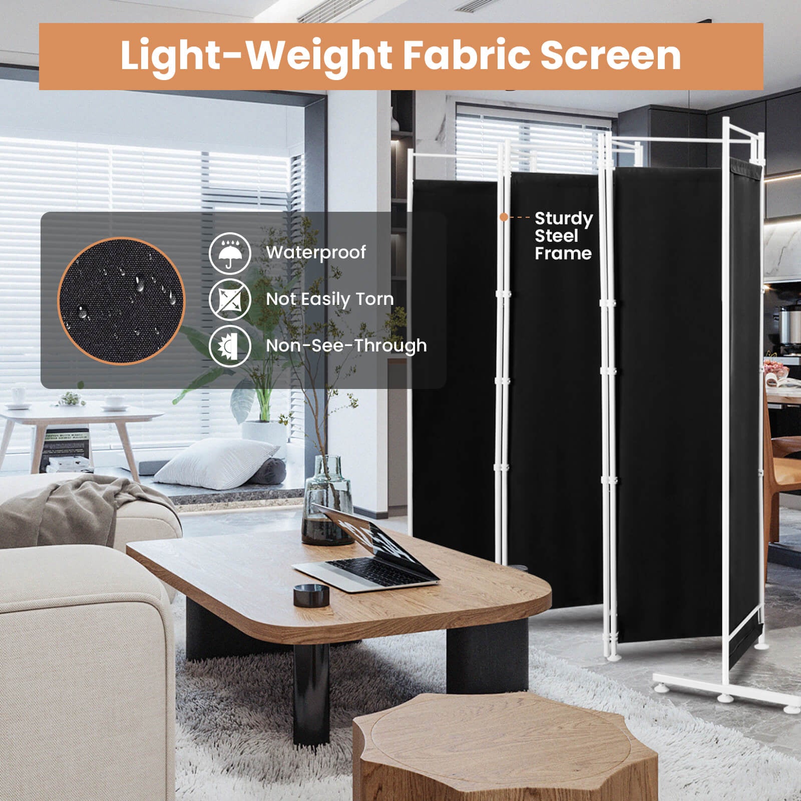 6-Panel Room Divider Folding Privacy Screen -Black