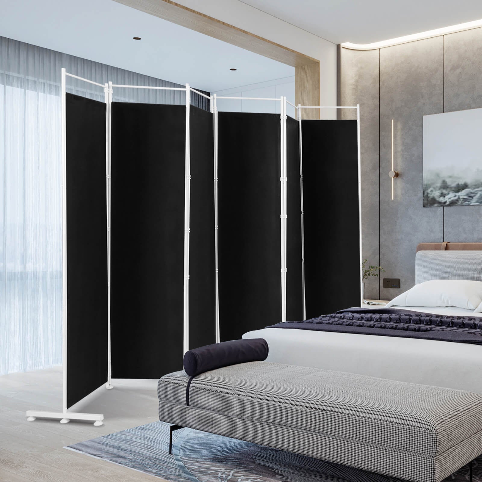 6-Panel Room Divider Folding Privacy Screen -Black