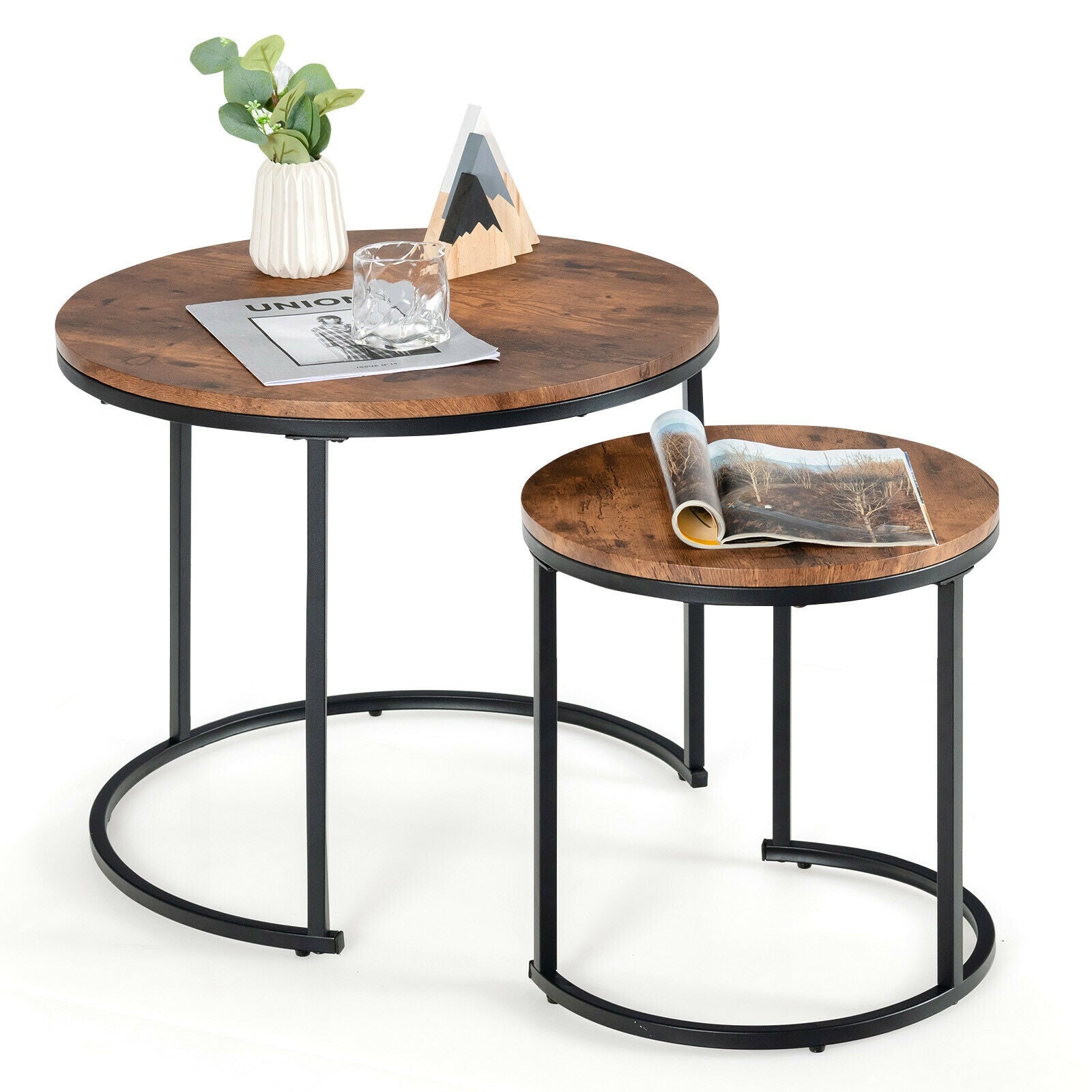 Set of 2 Modern Round Stacking Nesting Coffee Tables for Living Room-Rustic Brown