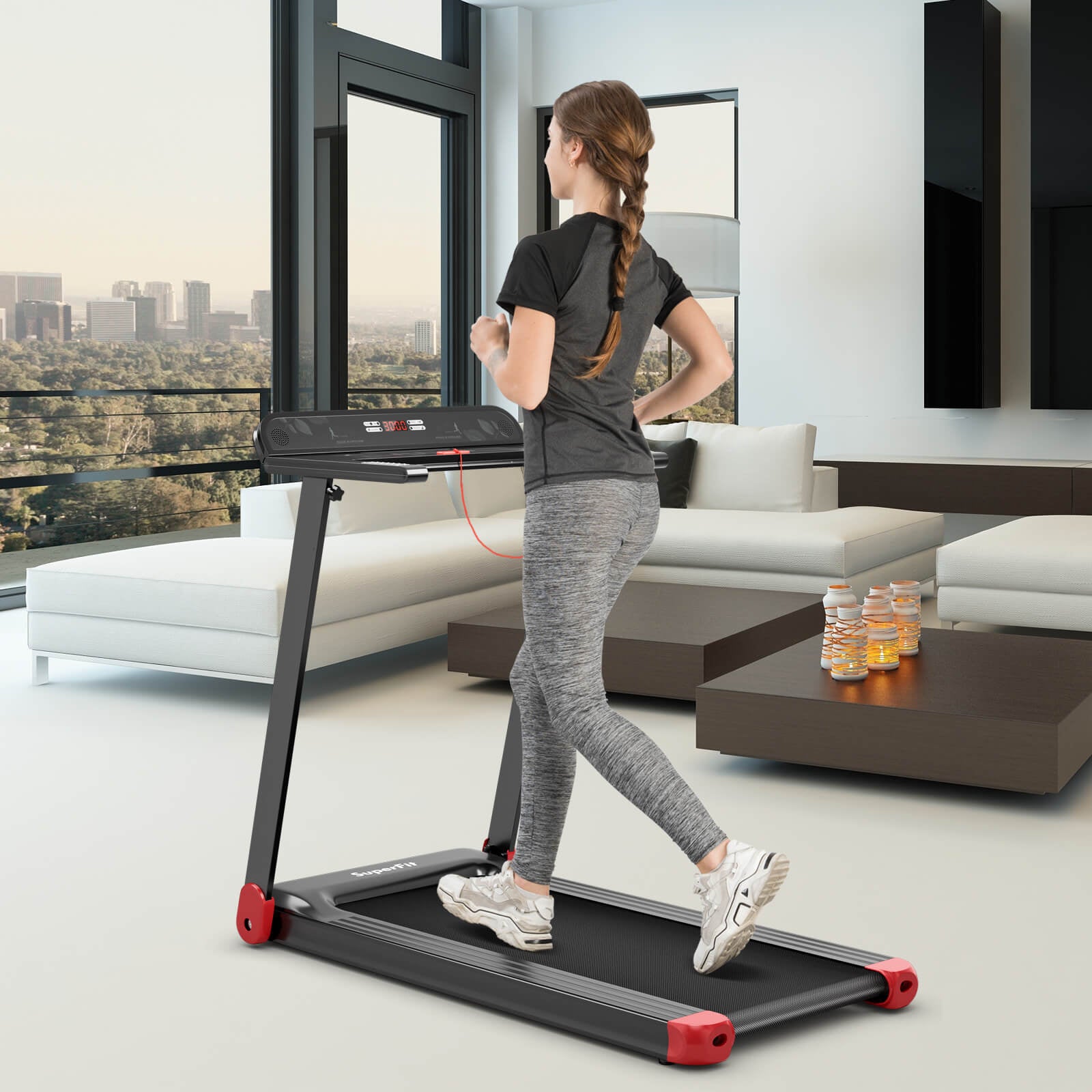 Folding Electric Compact Walking Treadmill with APP Control Speaker-Red