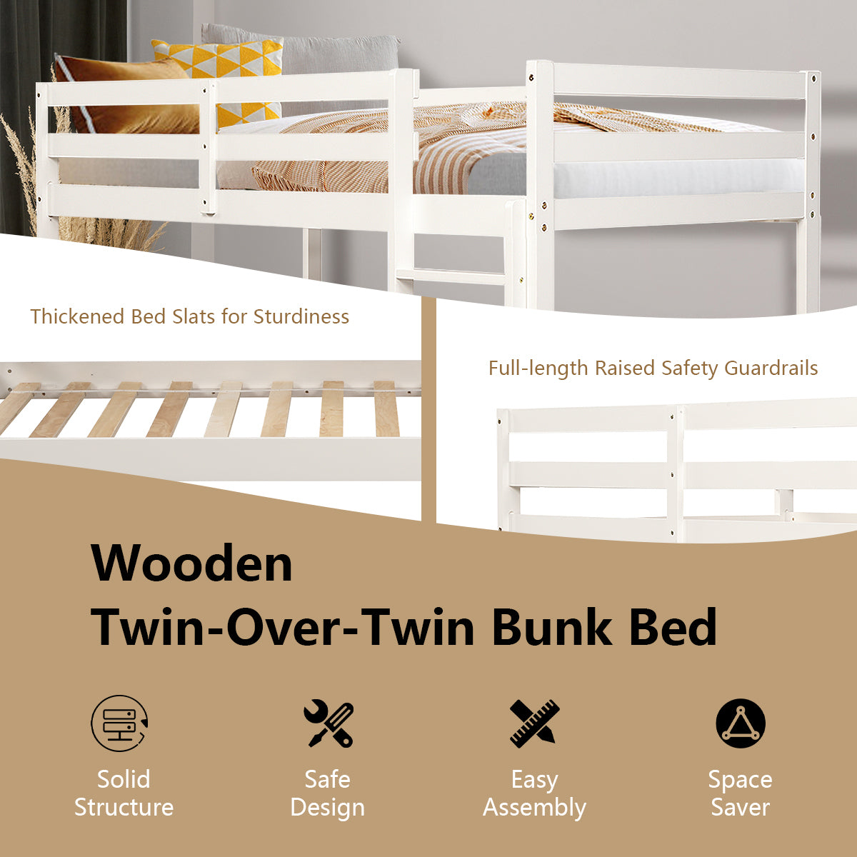 Twin Bunk Bed Children Wooden Bunk Beds Solid Hardwood-White