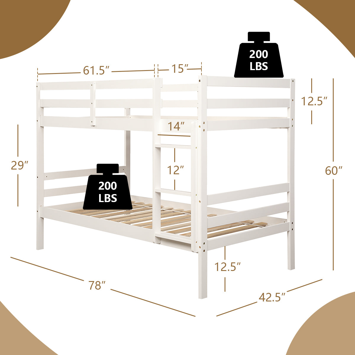 Twin Bunk Bed Children Wooden Bunk Beds Solid Hardwood-White