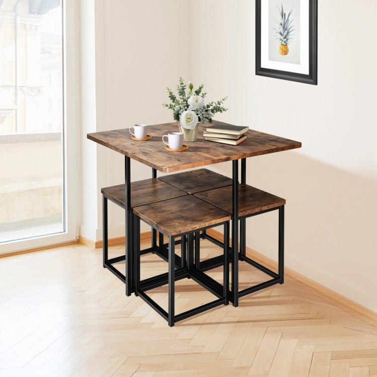 5 Pieces Metal Frame Dining Set with Compact Dining Table and 4 Stools -Walnut