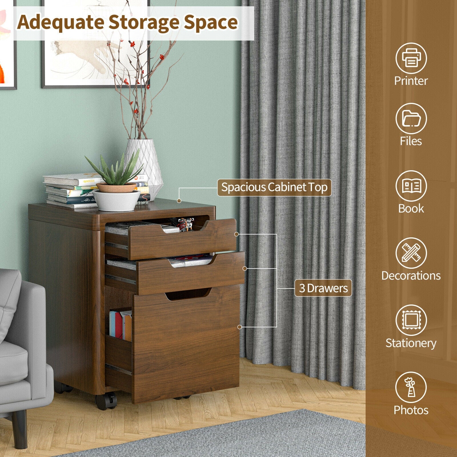 3 Drawer Mobile File Cabinet with Lockable Casters 