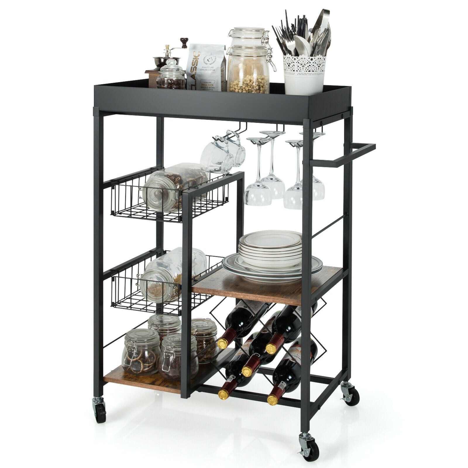 Kitchen Island Cart on Wheels with Removable Top and Wine Rack-Rustic Brown