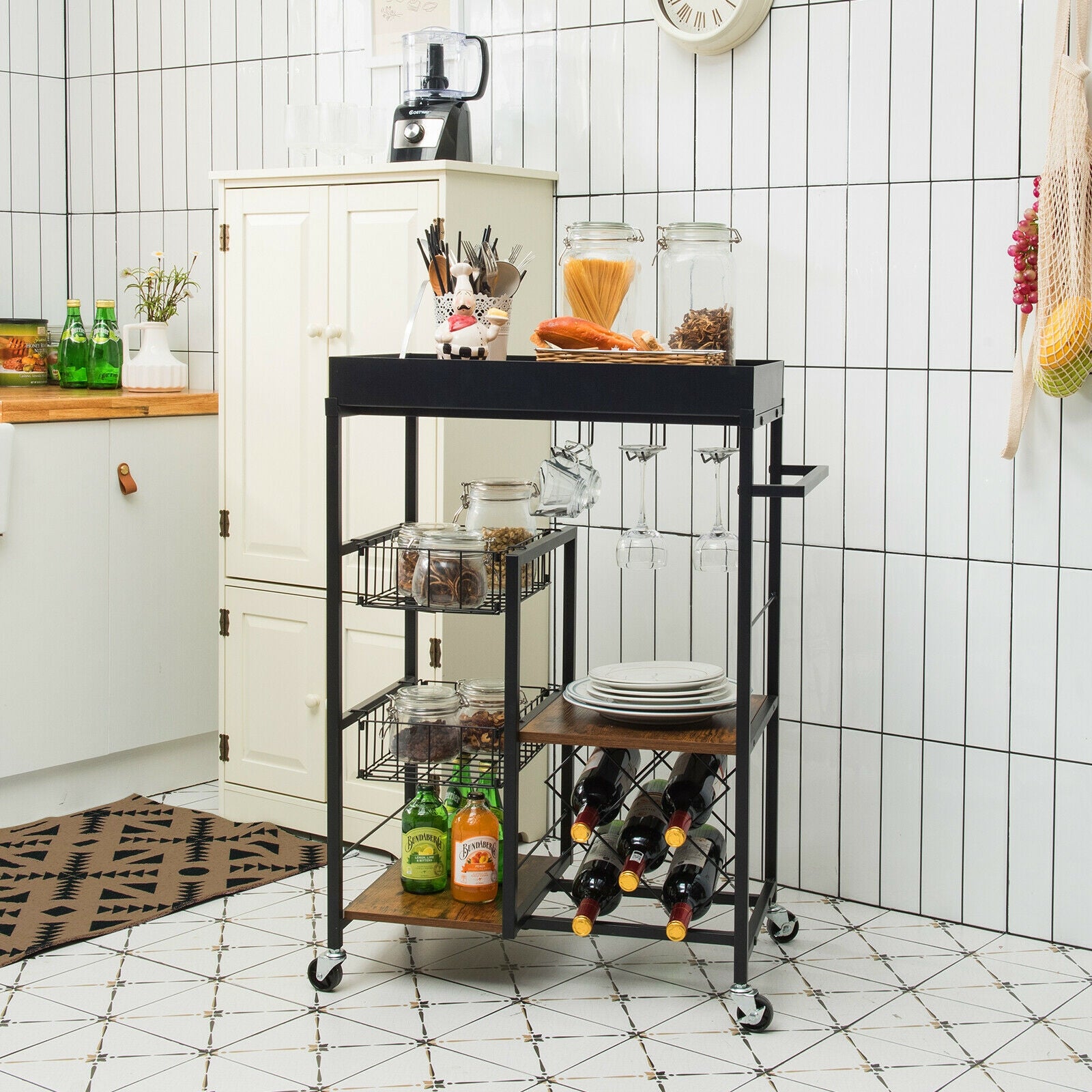 Kitchen Island Cart on Wheels with Removable Top and Wine Rack-Rustic Brown