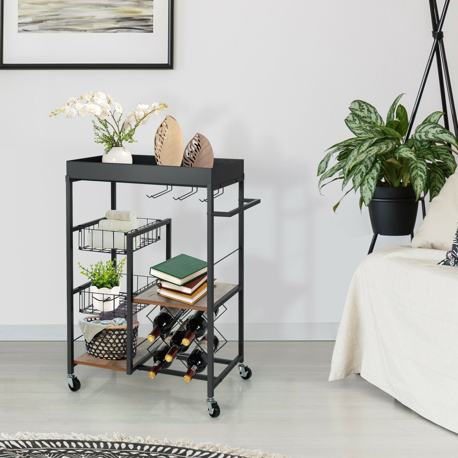 Kitchen Island Cart on Wheels with Removable Top and Wine Rack-Rustic Brown