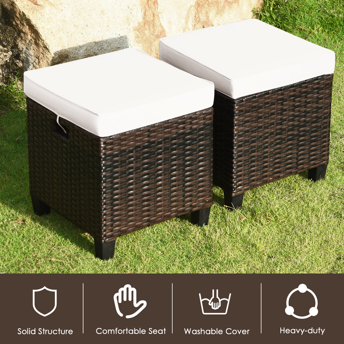 2 Pieces Patio Rattan Ottoman Cushioned Seat-BeigeÂ 