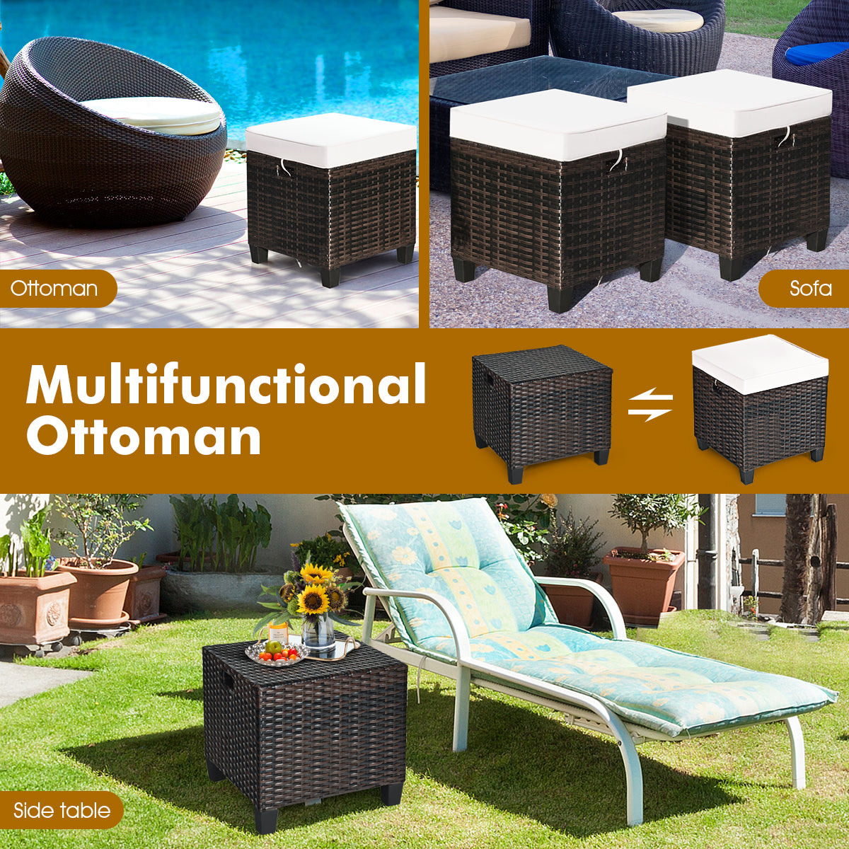 2 Pieces Patio Rattan Ottoman Cushioned Seat-BeigeÂ 
