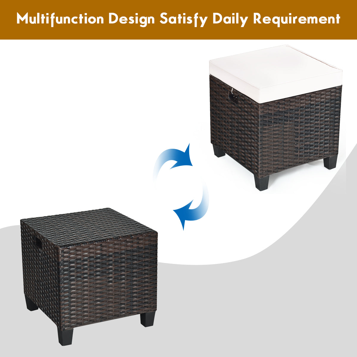 2 Pieces Patio Rattan Ottoman Cushioned Seat-BeigeÂ 