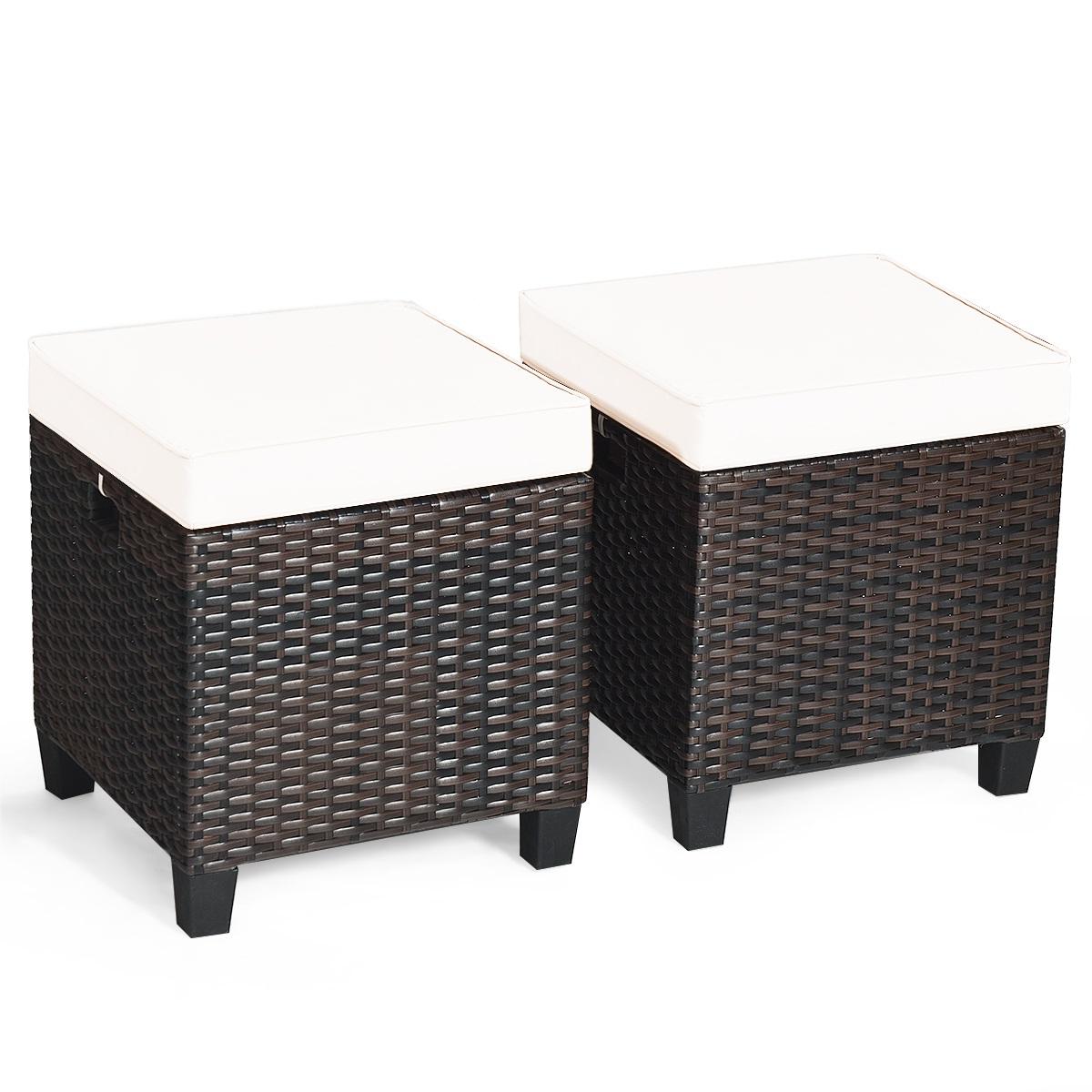 2 Pieces Patio Rattan Ottoman Cushioned Seat-BeigeÂ 