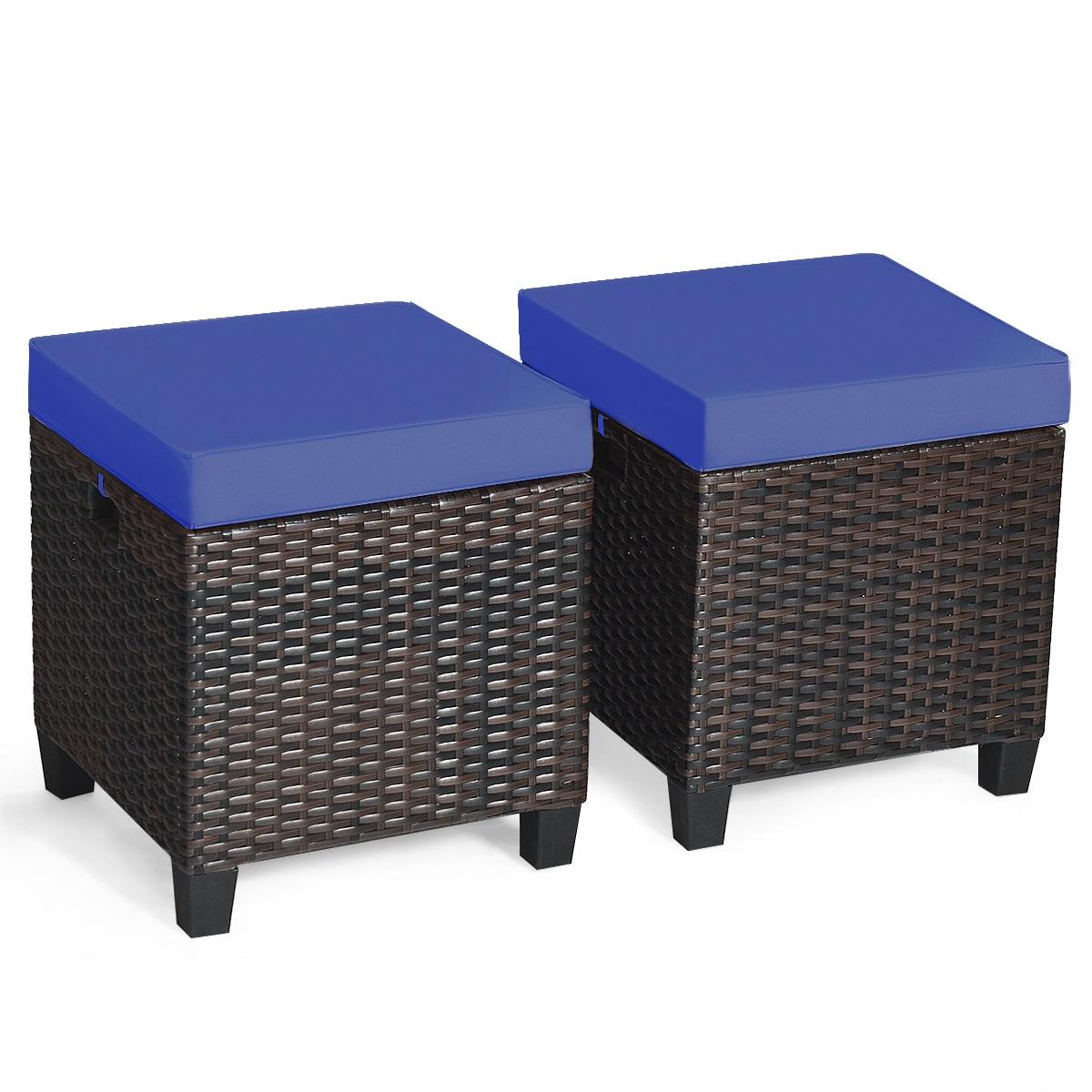 2 Pieces Patio Rattan Ottoman Set with Removable Cushions-NavyÂ 