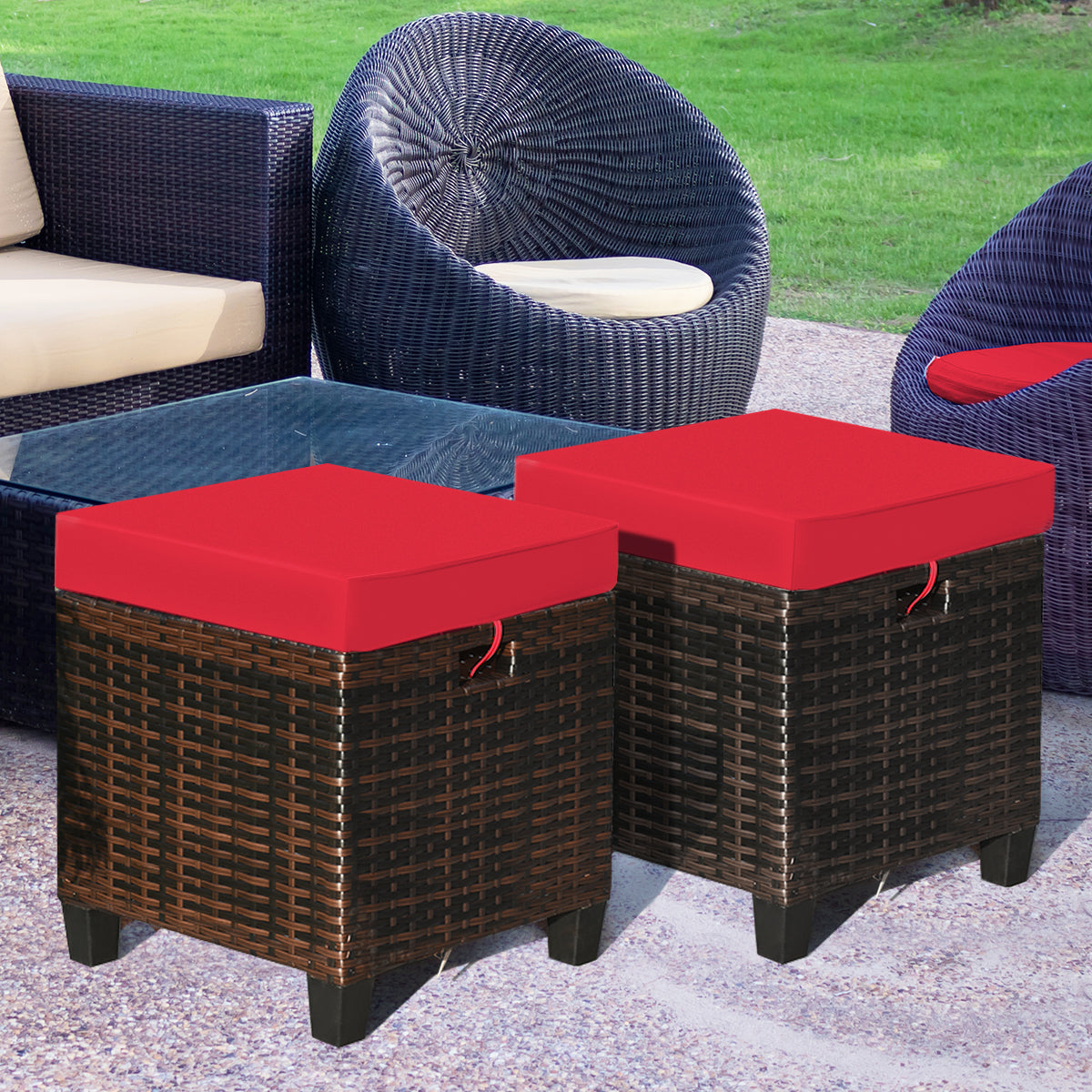 2PCS Patio Rattan Ottoman Cushioned Seat-Red