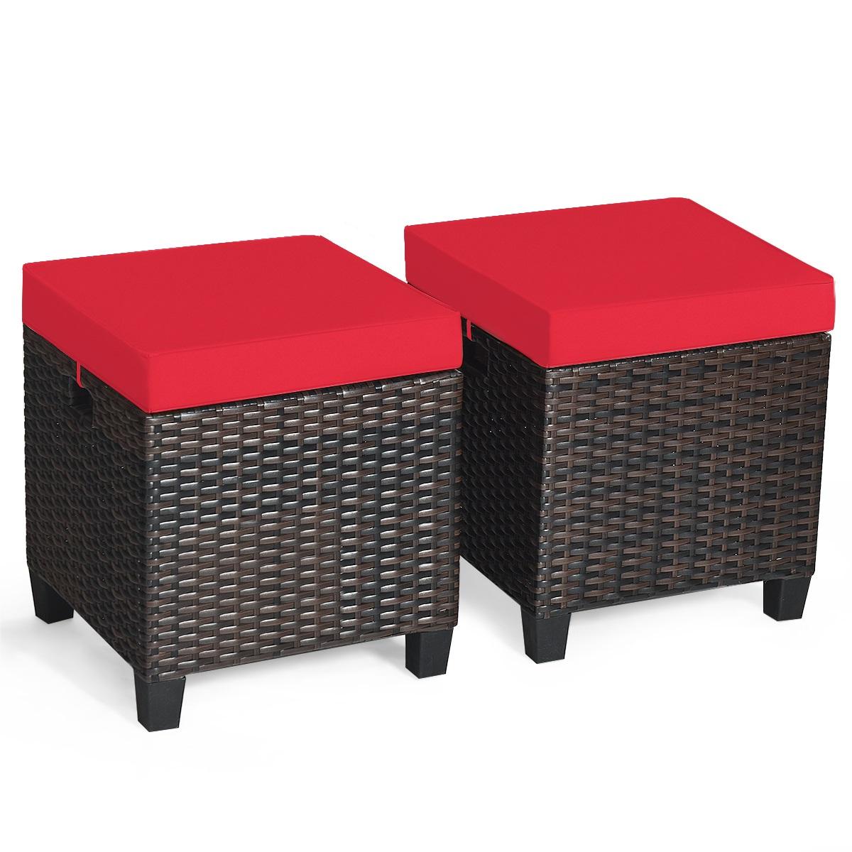 2PCS Patio Rattan Ottoman Cushioned Seat-Red