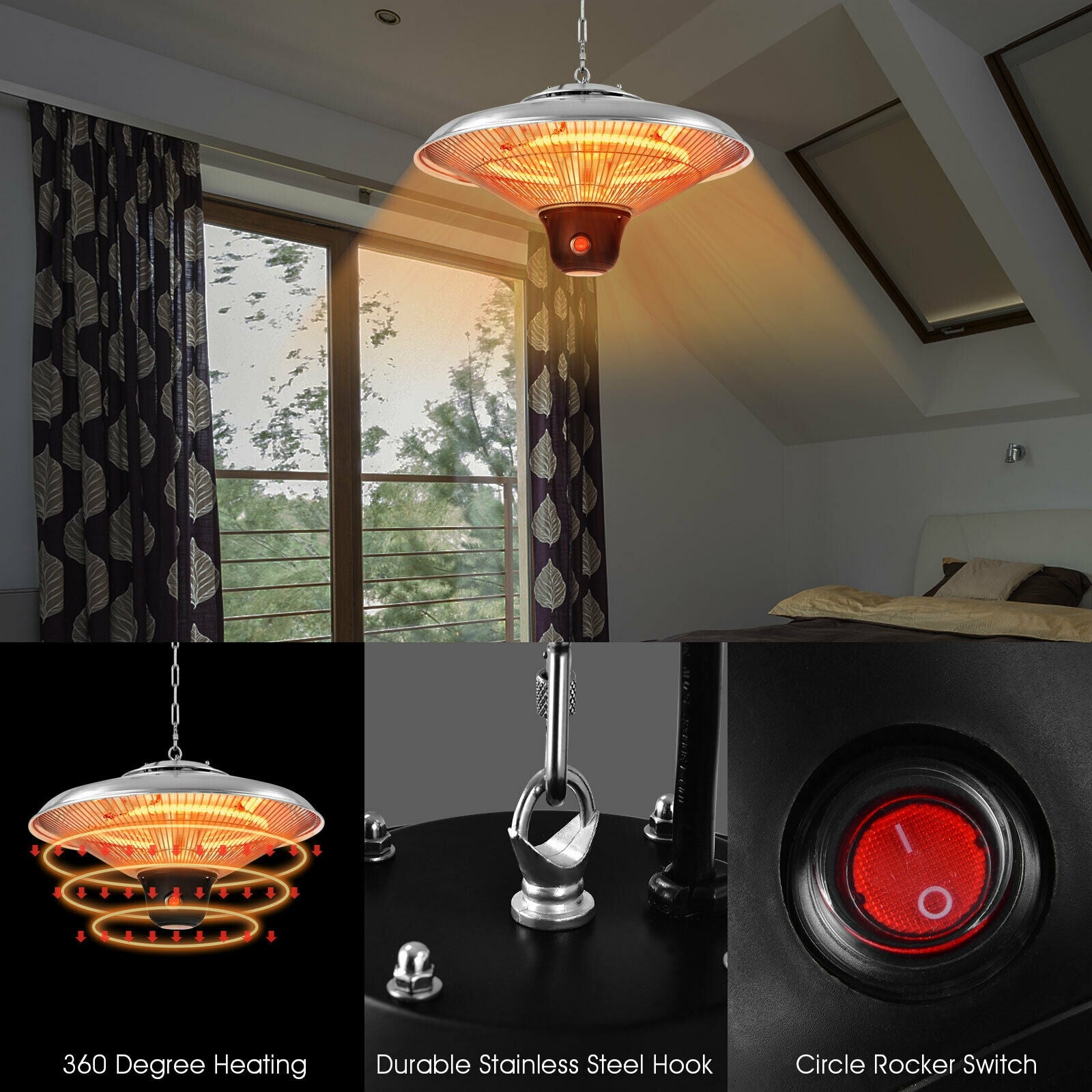 1500W Electric Hanging Ceiling Mounted Infrared Heater with Remote Control-White