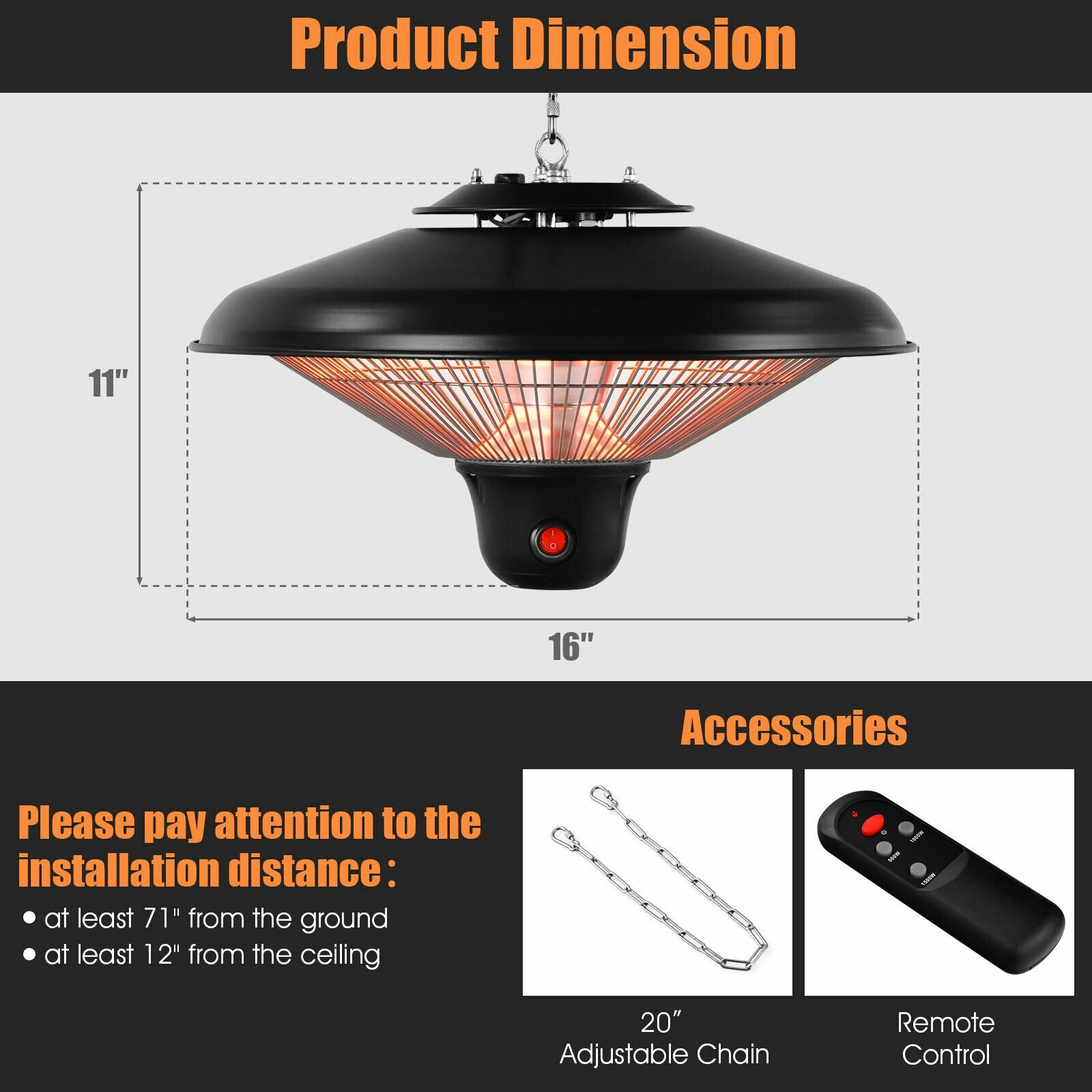 1500W Electric Hanging Ceiling Mounted Infrared Heater with Remote Control-Black