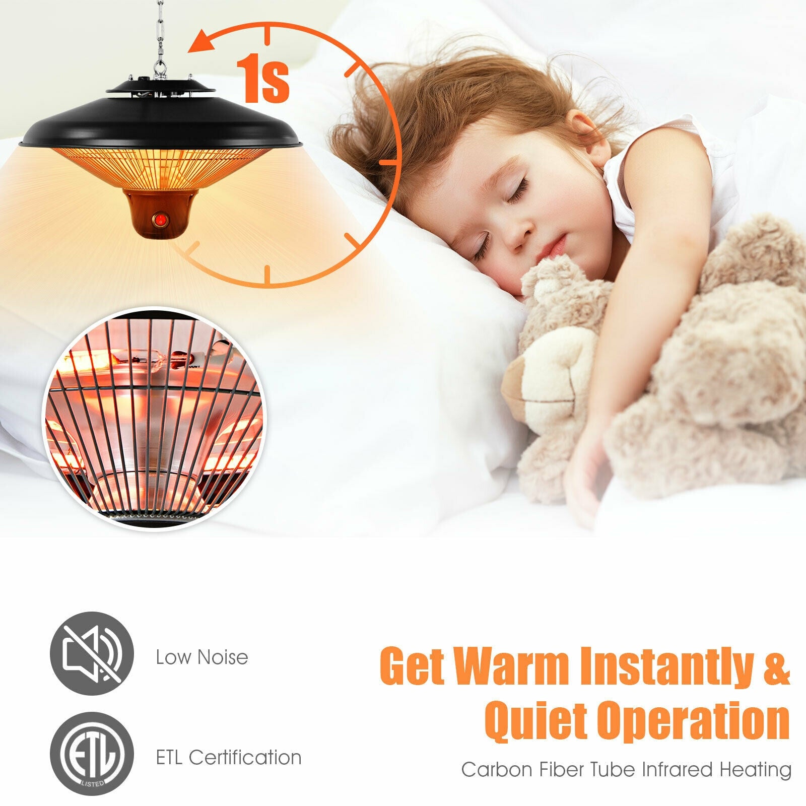 1500W Electric Hanging Ceiling Mounted Infrared Heater with Remote Control-Black