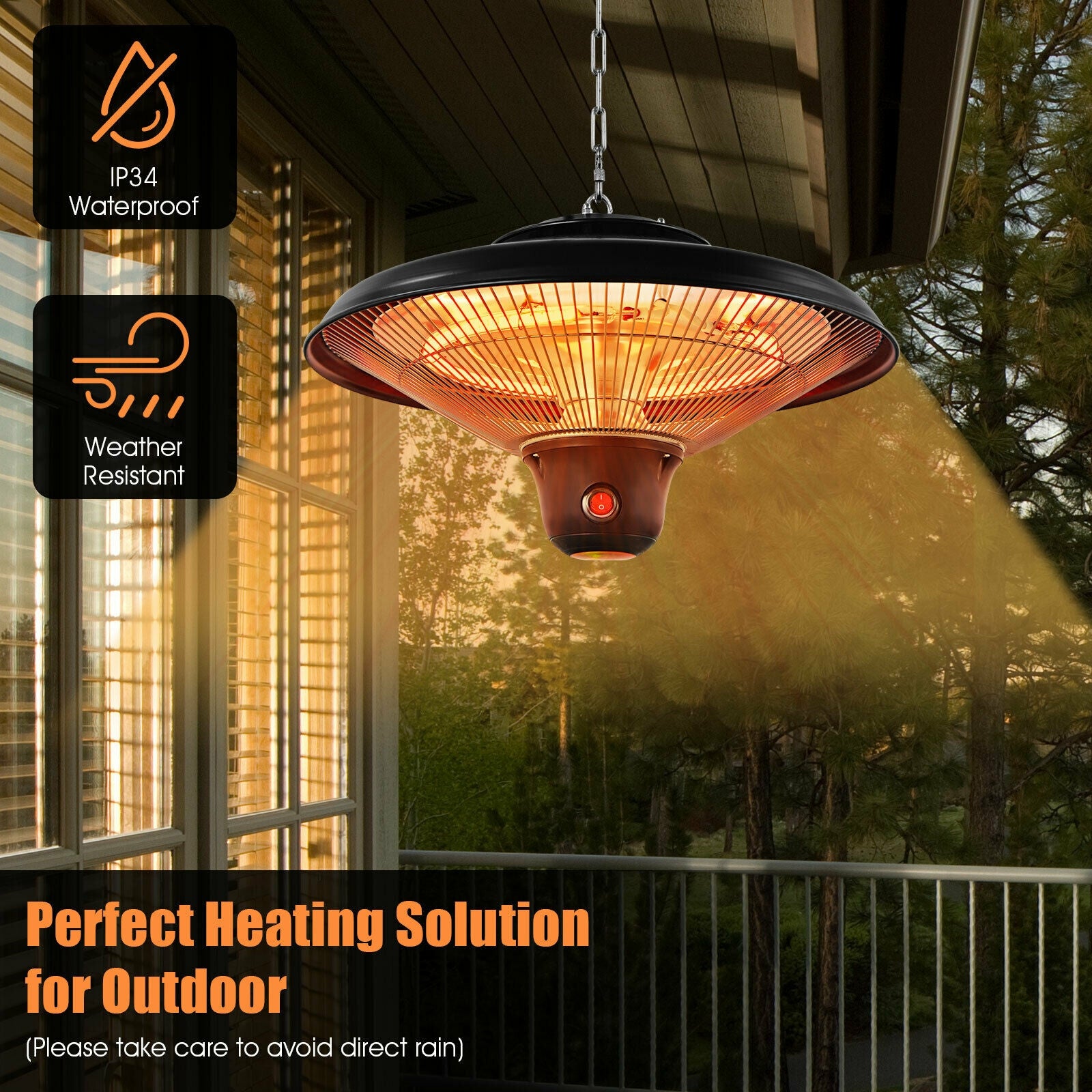 1500W Electric Hanging Ceiling Mounted Infrared Heater with Remote Control-Black