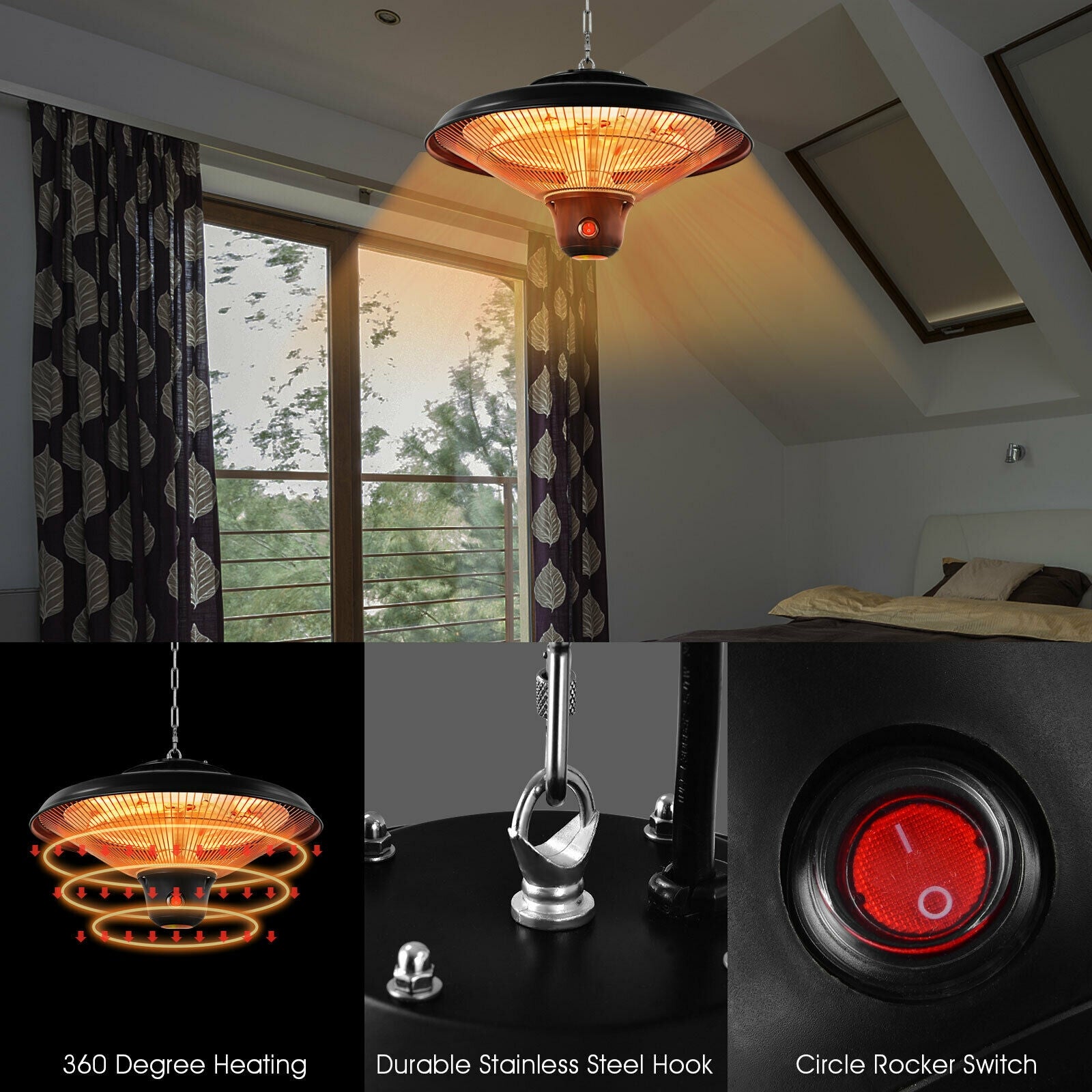 1500W Electric Hanging Ceiling Mounted Infrared Heater with Remote Control-Black