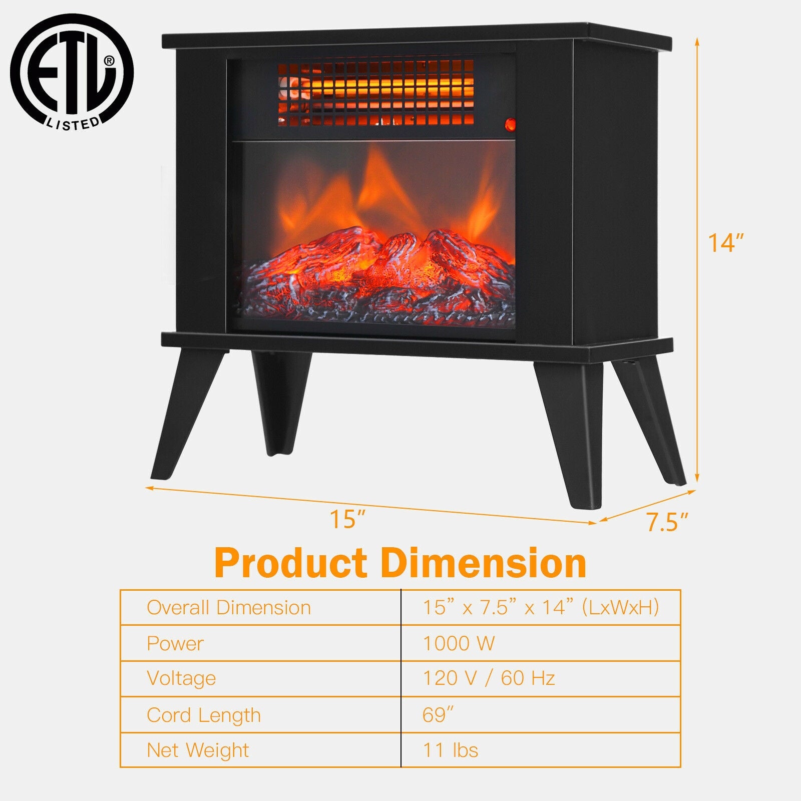 14 Inch Portable Electric Fireplace Heater with Realistic Flame Effect-Black