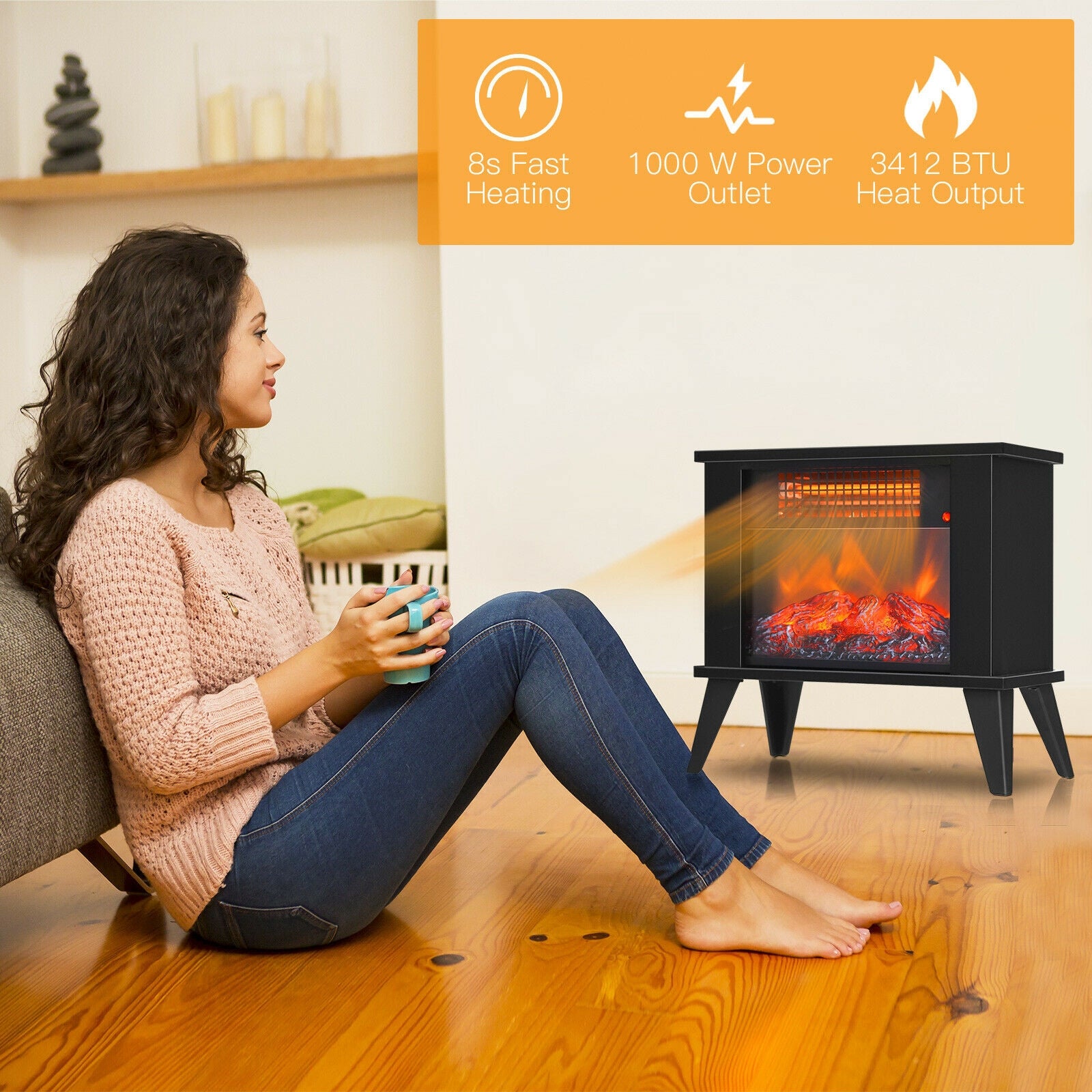 14 Inch Portable Electric Fireplace Heater with Realistic Flame Effect-Black