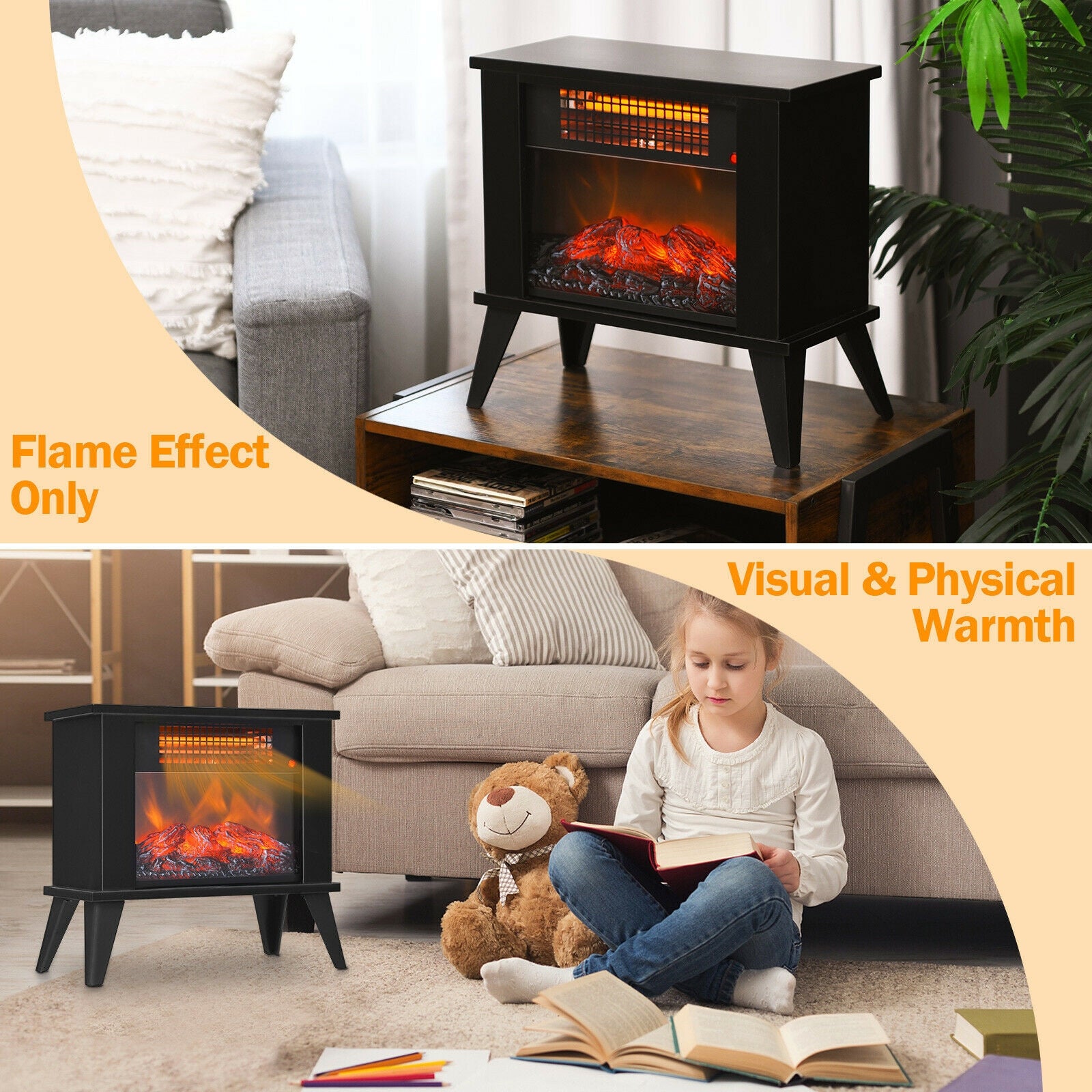 14 Inch Portable Electric Fireplace Heater with Realistic Flame Effect-Black