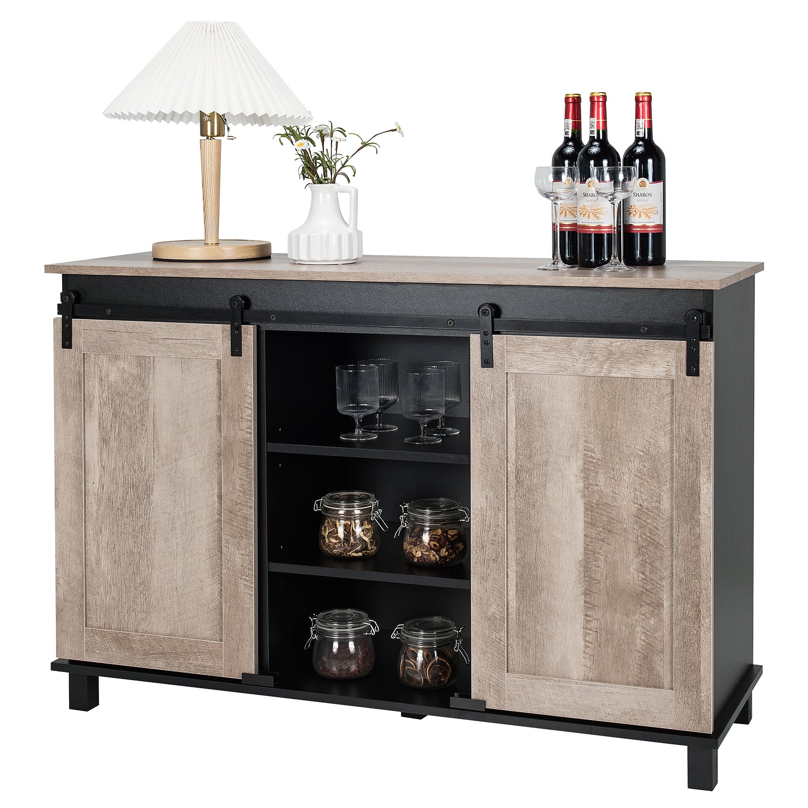 Kitchen Buffet Sideboard with 2 Sliding Barn Doors for Dining Living Room-Oak 