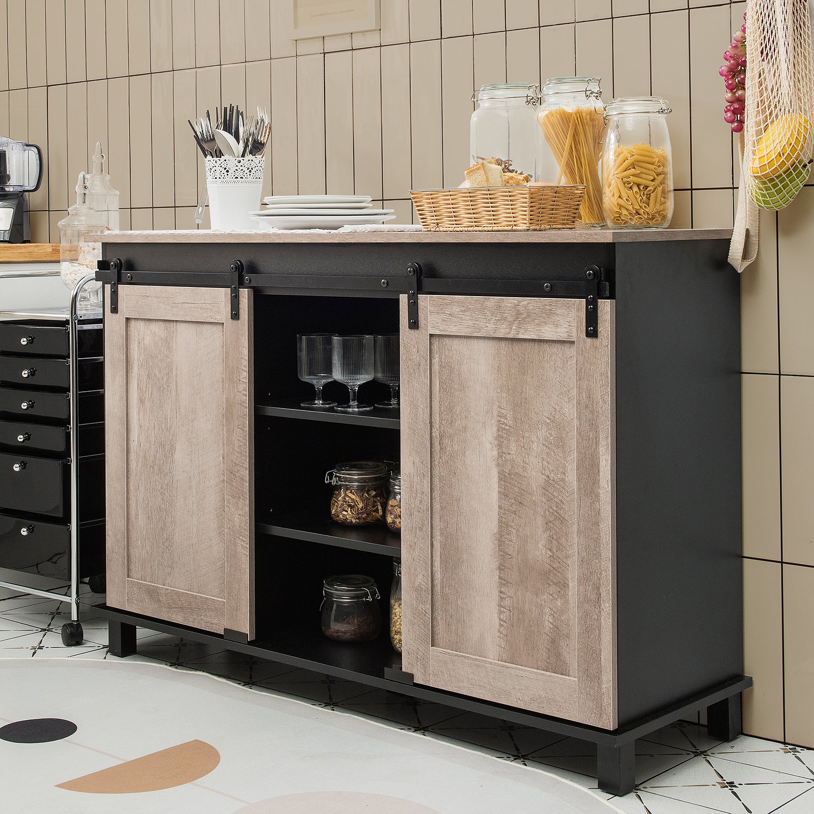 Kitchen Buffet Sideboard with 2 Sliding Barn Doors for Dining Living Room-Oak 