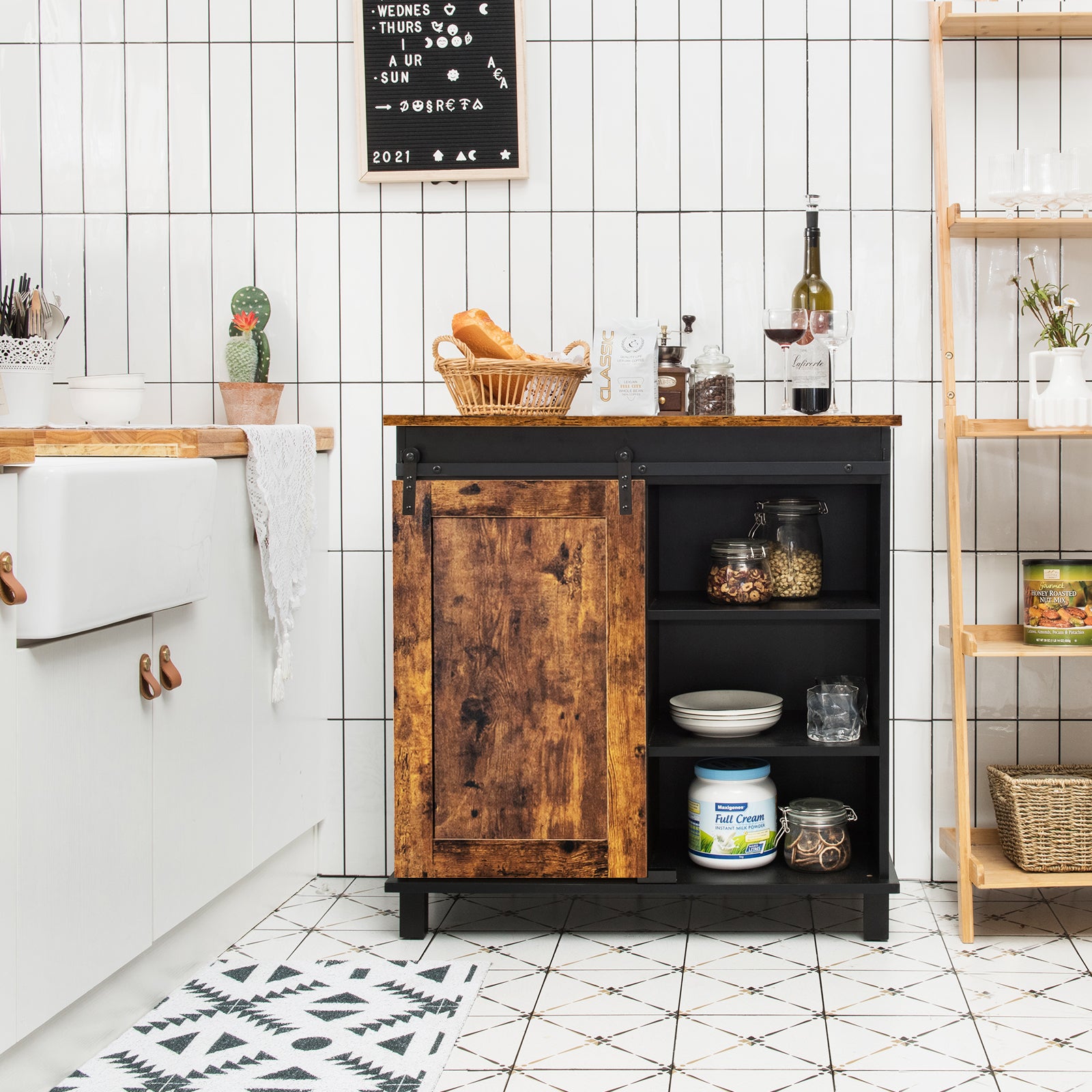 Industrial Storage Cabinet with Sliding Barn Door-Rustic Brown