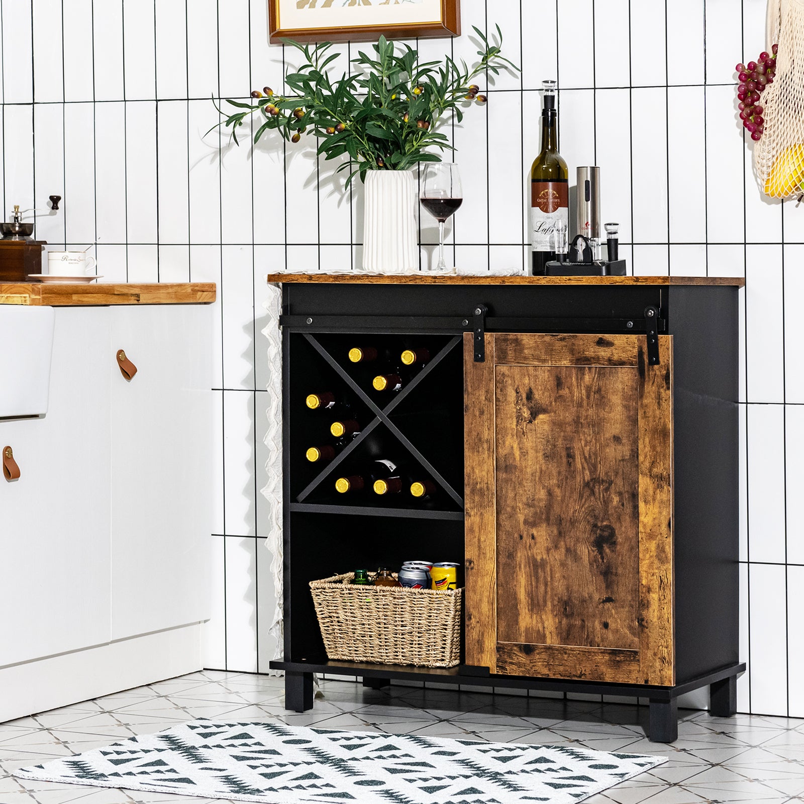 Industrial Storage Cabinet with Sliding Barn Door-Rustic Brown 