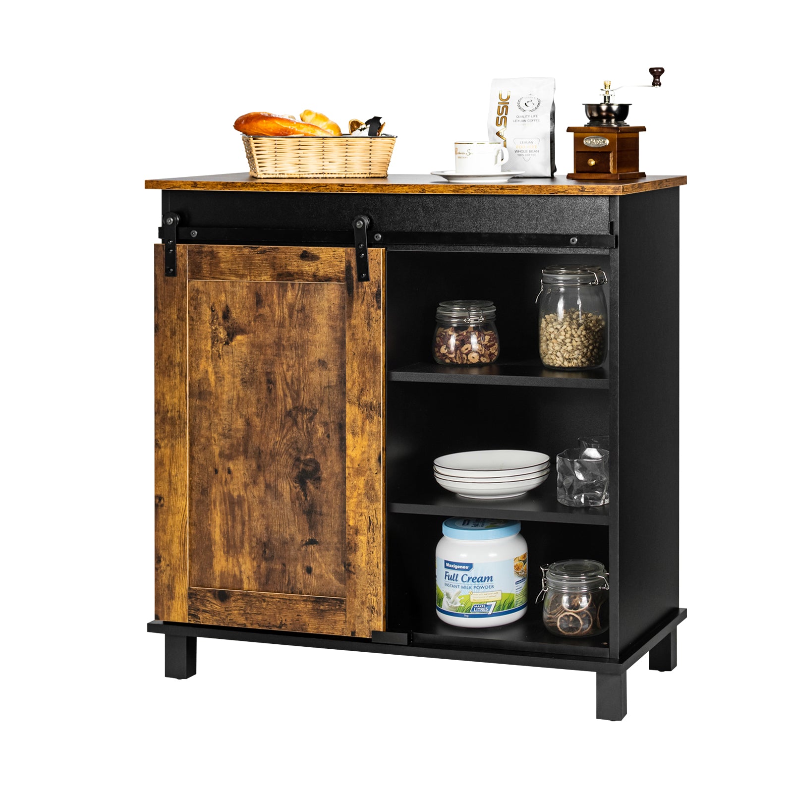 Industrial Storage Cabinet with Sliding Barn Door-Rustic Brown 
