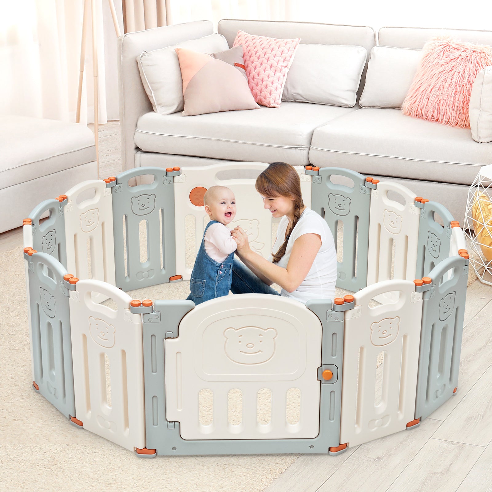 Foldable Baby Playpen 14 Panel Activity Center Safety Play Yard-BeigeÂ 