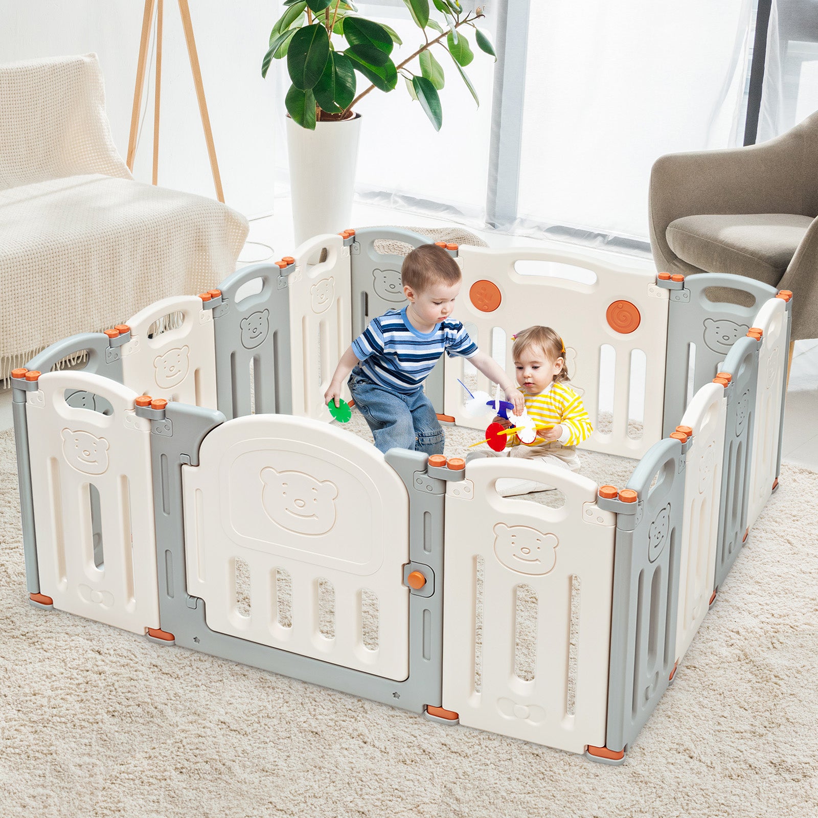 Foldable Baby Playpen 14 Panel Activity Center Safety Play Yard-BeigeÂ 