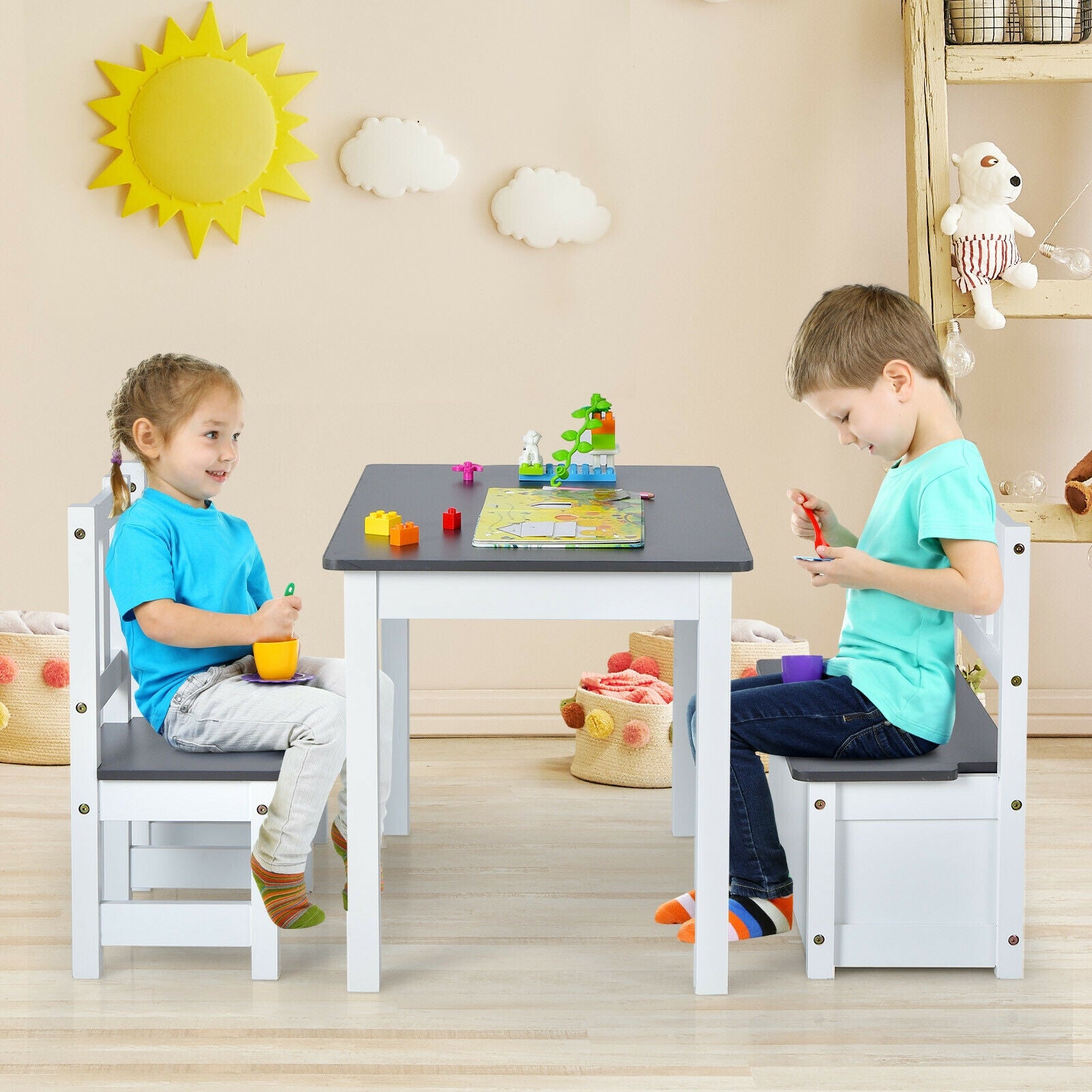 4 Pieces Kids Wooden Activity Table and Chairs Set with Storage Bench and Study Desk-Gray