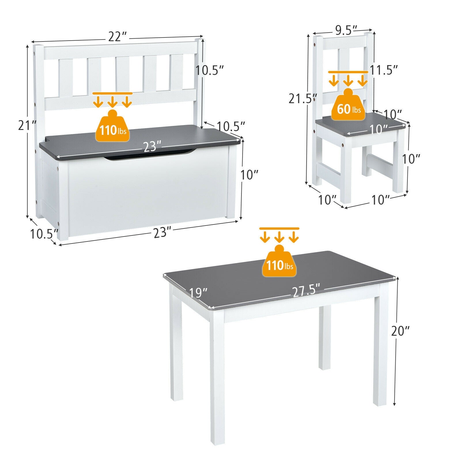 4 Pieces Kids Wooden Activity Table and Chairs Set with Storage Bench and Study Desk-Gray