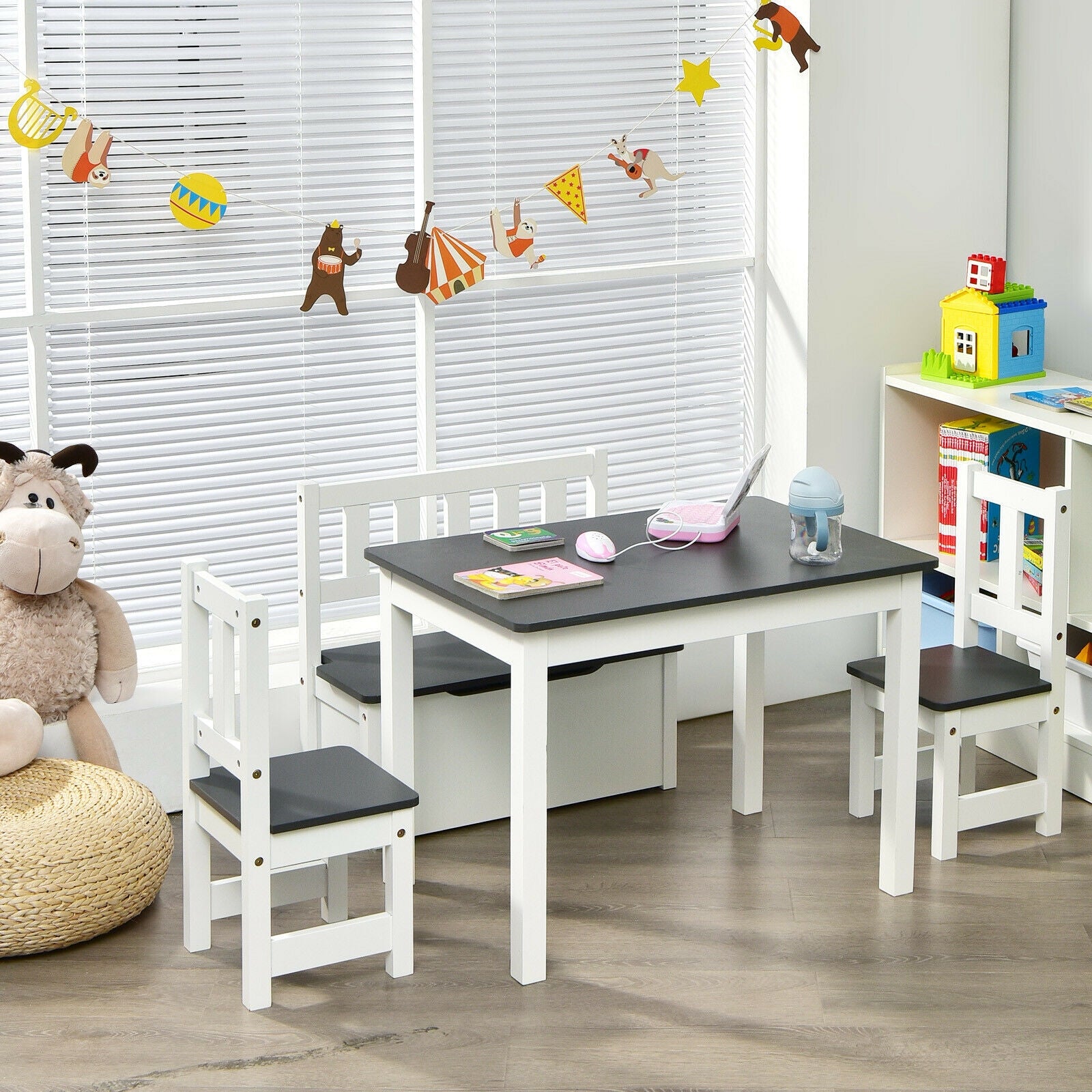 4 Pieces Kids Wooden Activity Table and Chairs Set with Storage Bench and Study Desk-Gray 