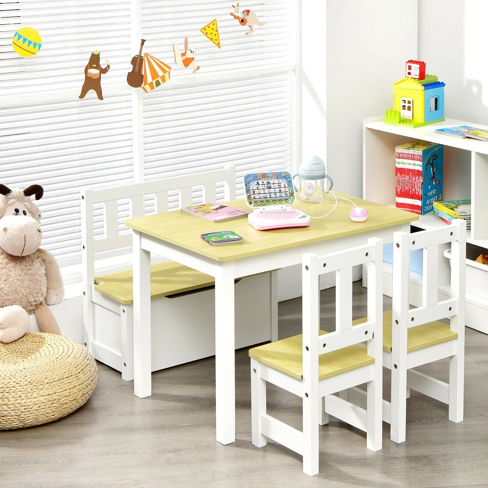 4 Pieces Kids Wooden Activity Table and Chairs Set with Storage Bench and Study Desk-Natural 