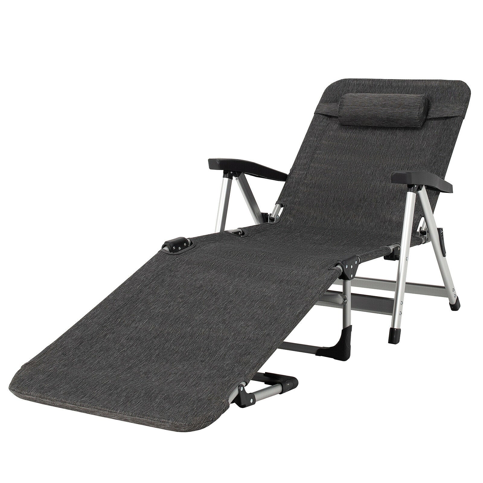 Beach Folding Chaise Lounge Recliner with 7 Adjustable Position-Gray