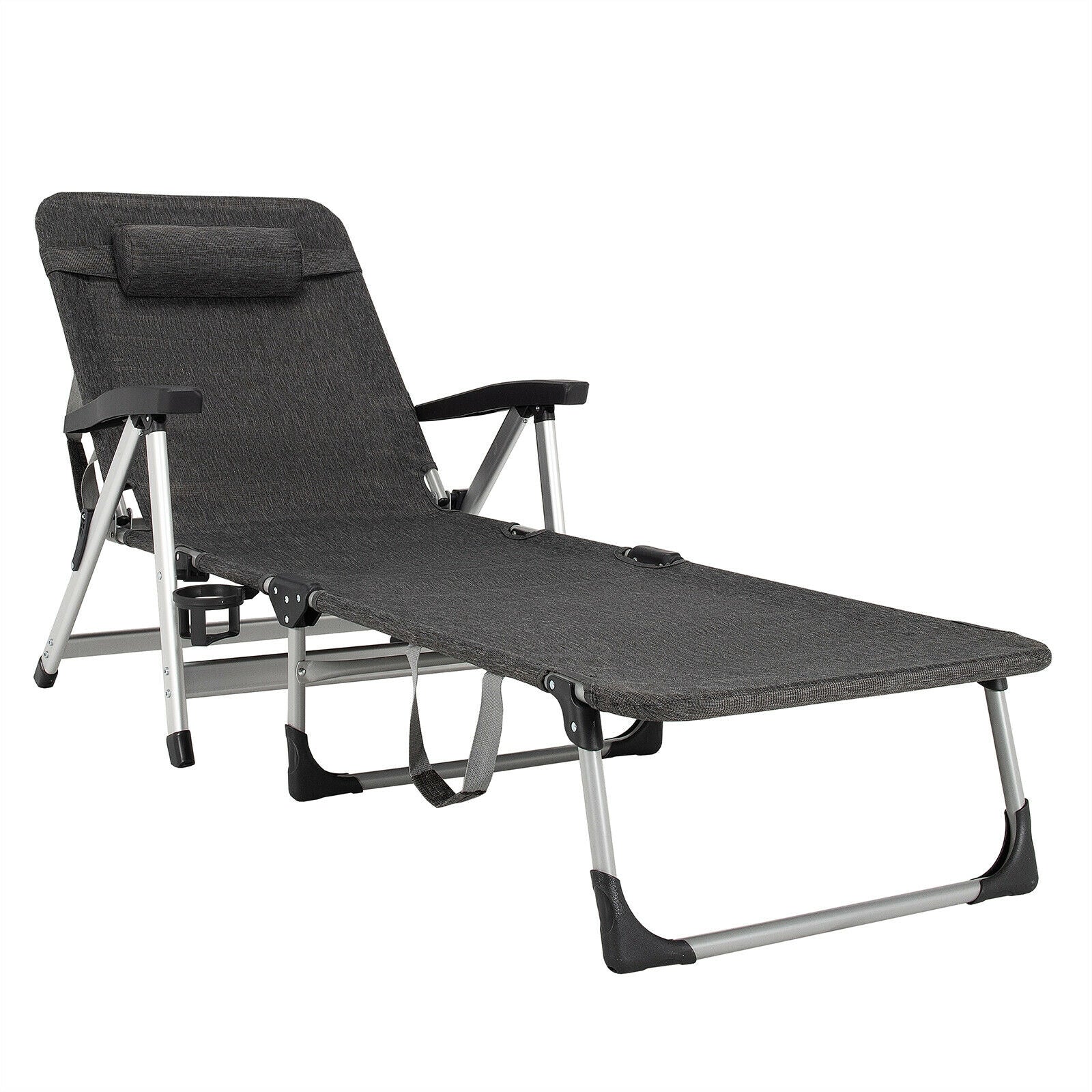 Beach Folding Chaise Lounge Recliner with 7 Adjustable Position-Gray 