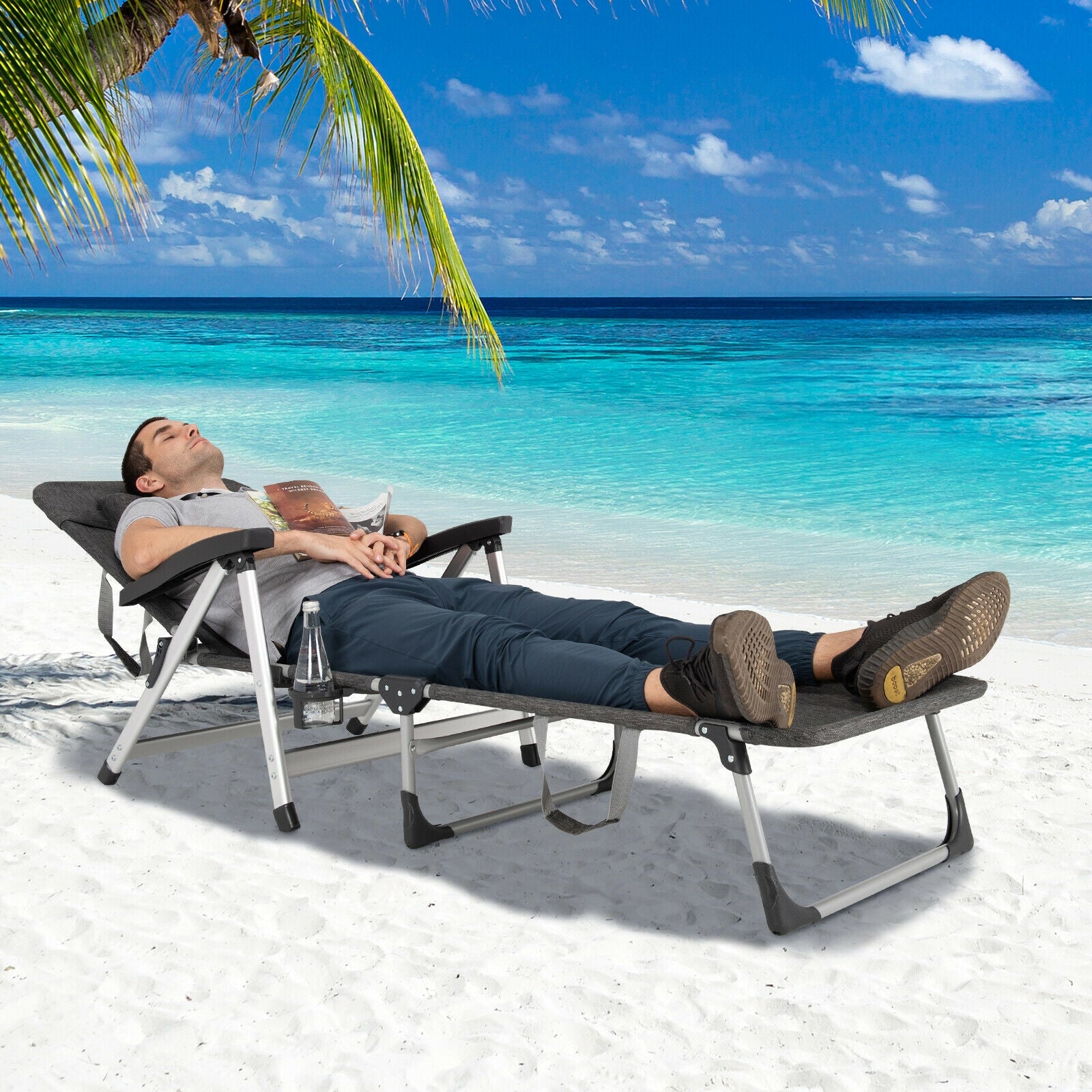 Beach Folding Chaise Lounge Recliner with 7 Adjustable Position-Gray