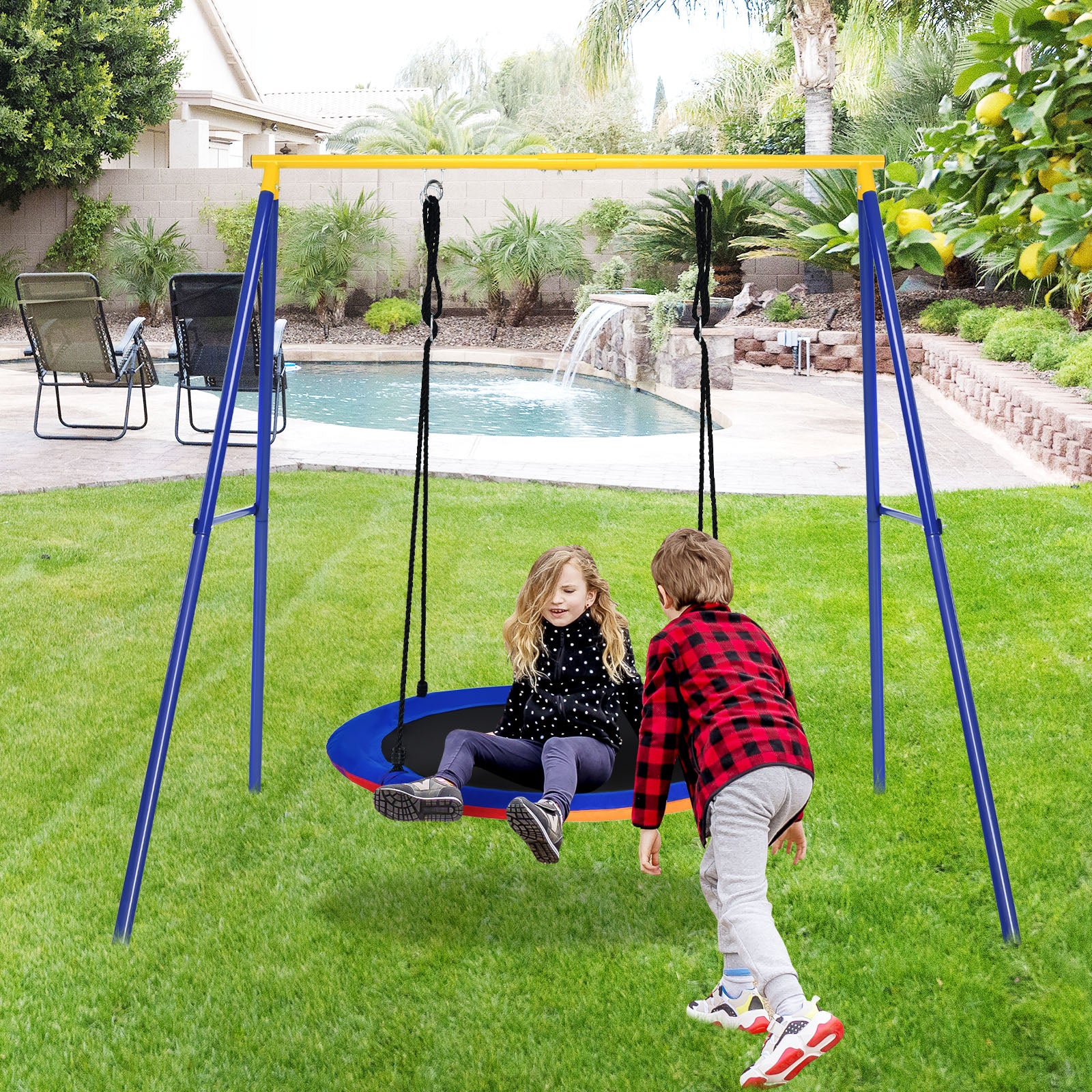 40 Inch Flying Saucer Tree Swing with 2 Hanging Straps for Kids-Blue